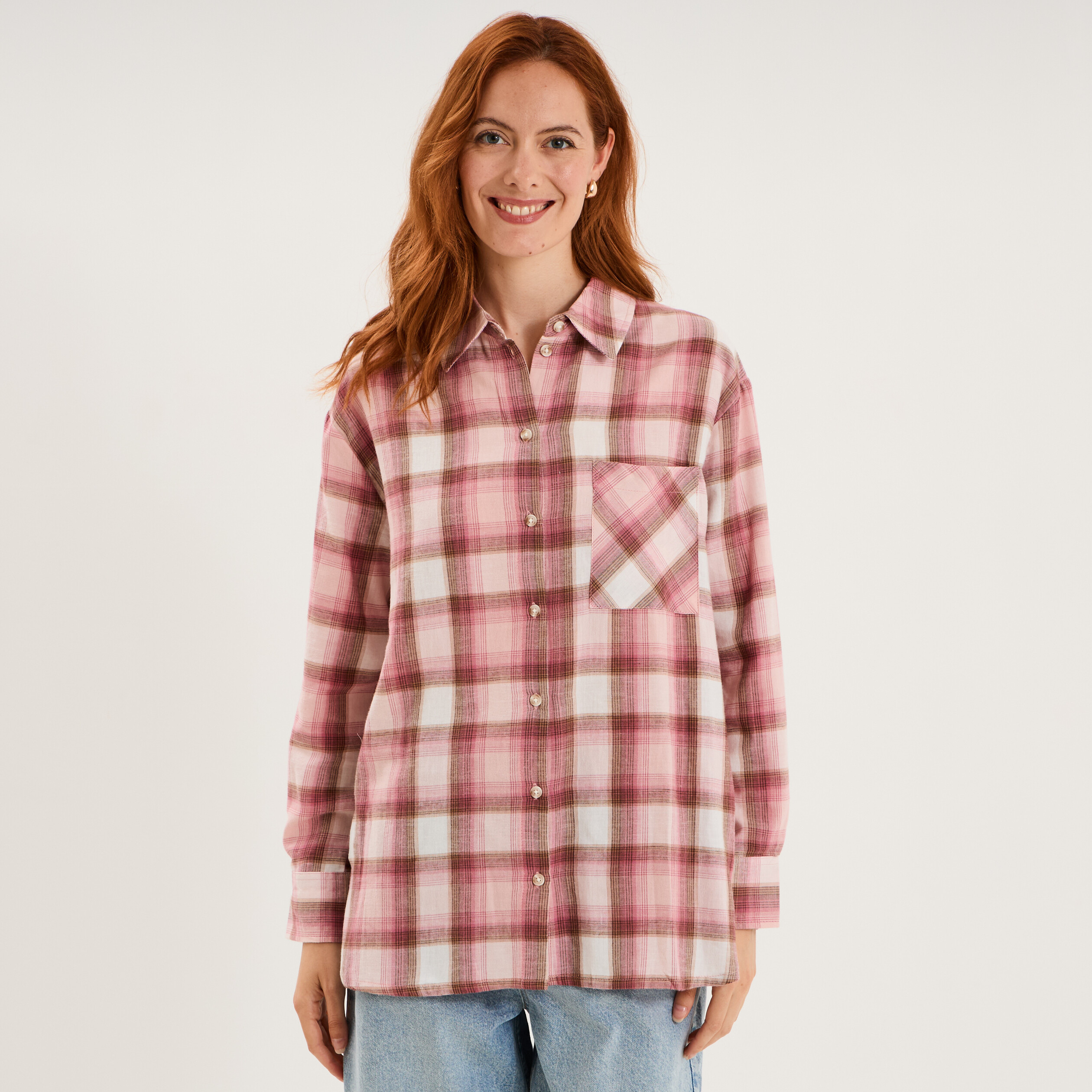 Chemise manches longues coton rose poudr&eacute;e femme