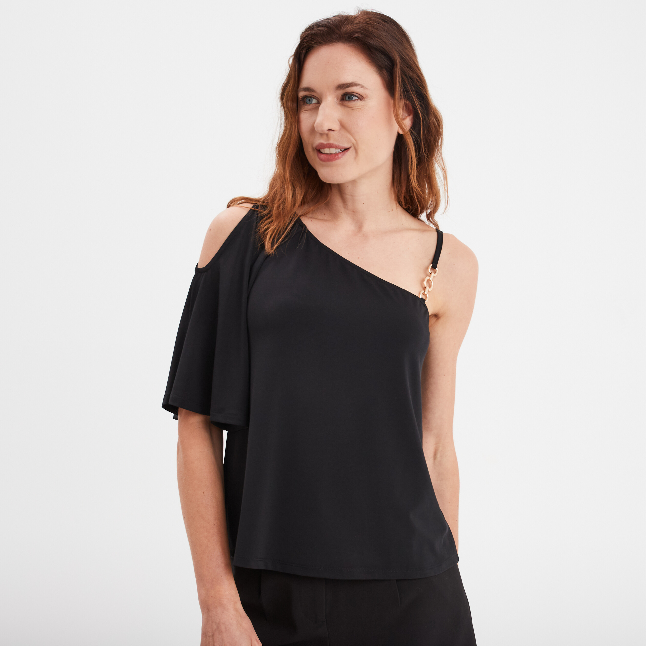 t shirt asymetrique avec detail bijou noir femme T-shirt asymétrique avec détail bijou noir femme