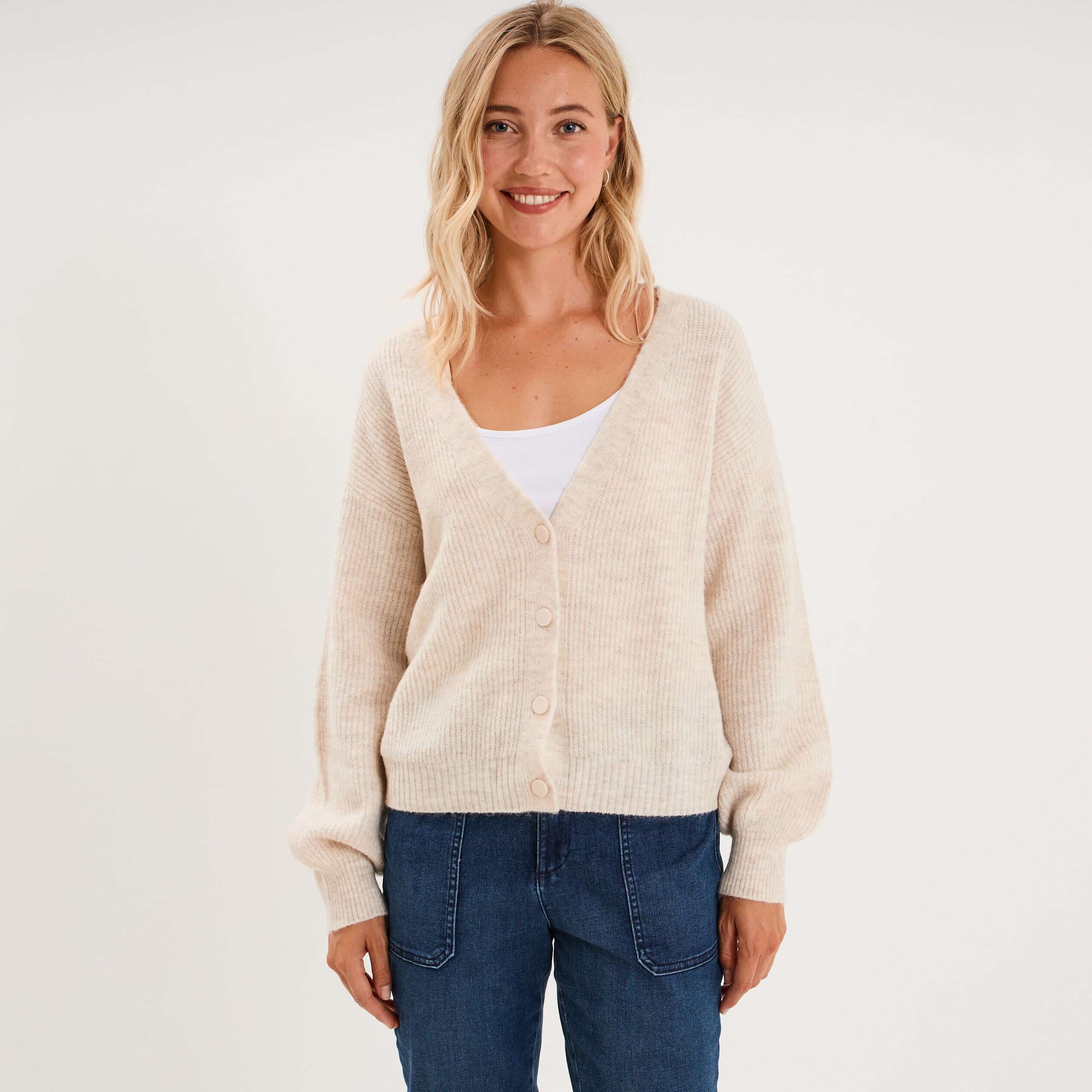 Gilet col en V manches longues ballon ecru femme