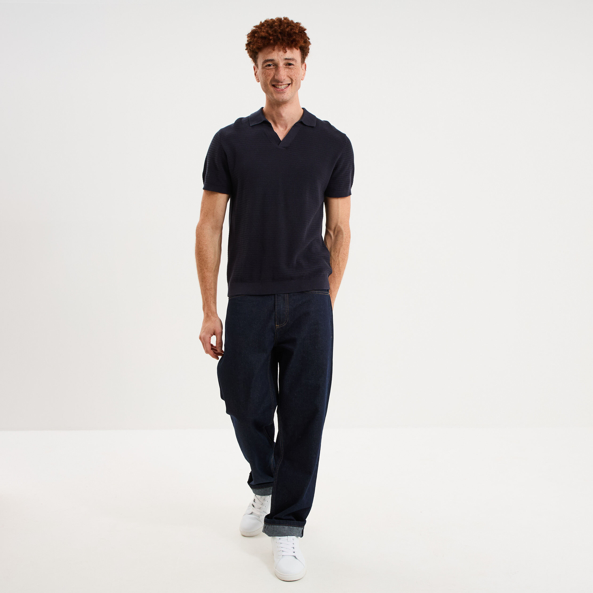 Polo manches courtes textur&eacute; coton bleu marine homme