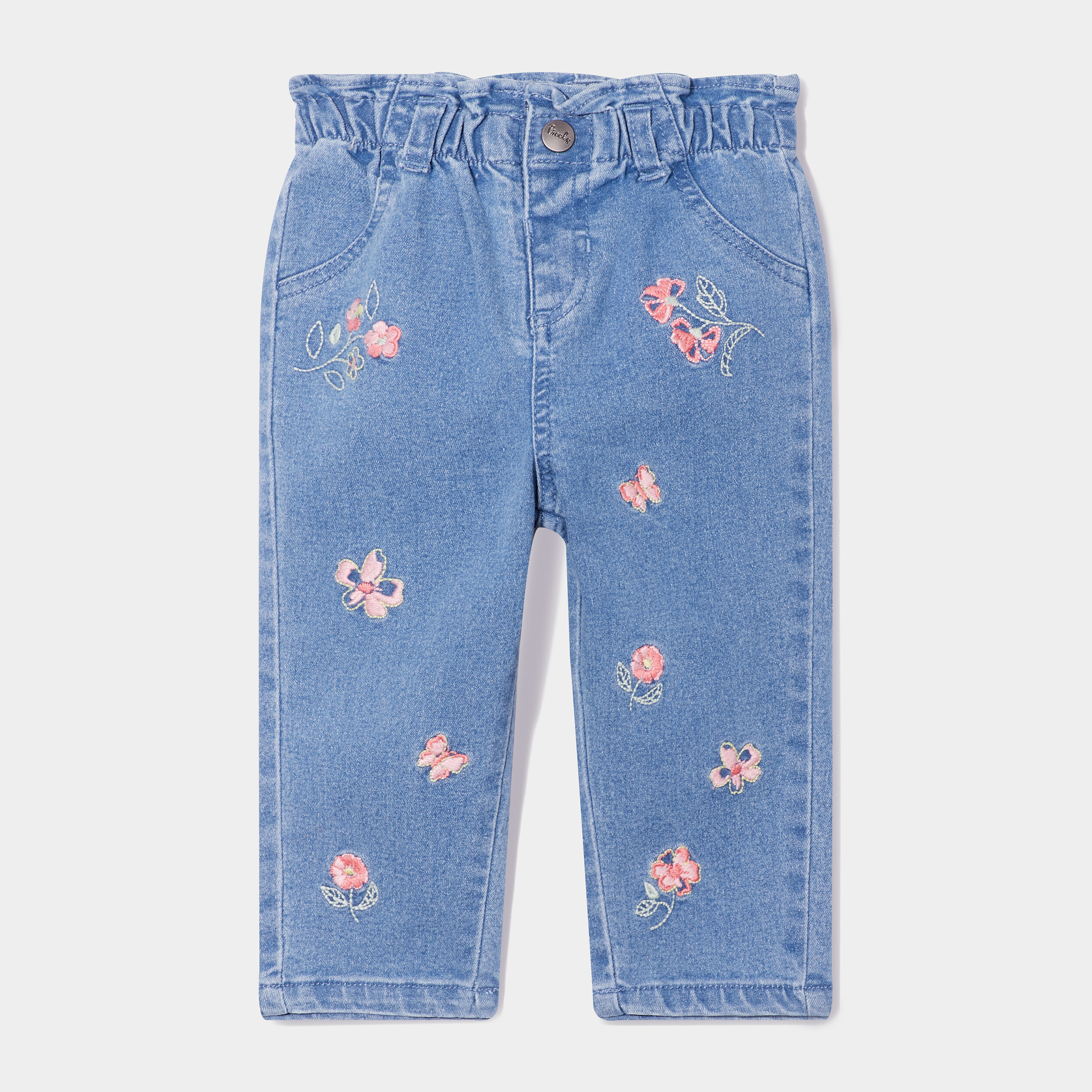 jeans paperbag brode taille elastiquee denim double stone bebef Jeans paperbag brodé taille élastiquée denim double stone bébé fille