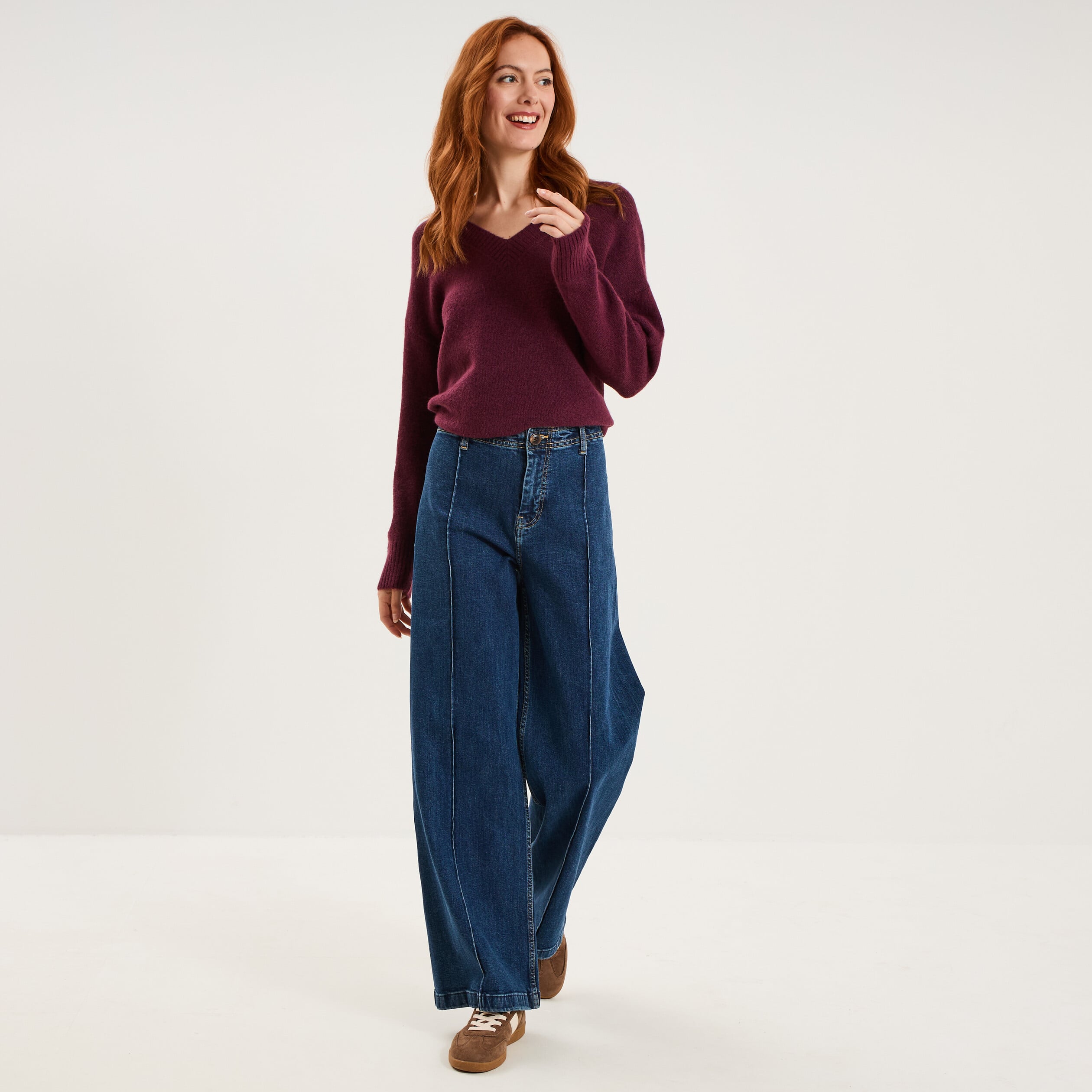 Pull col en V manches longues prune femme