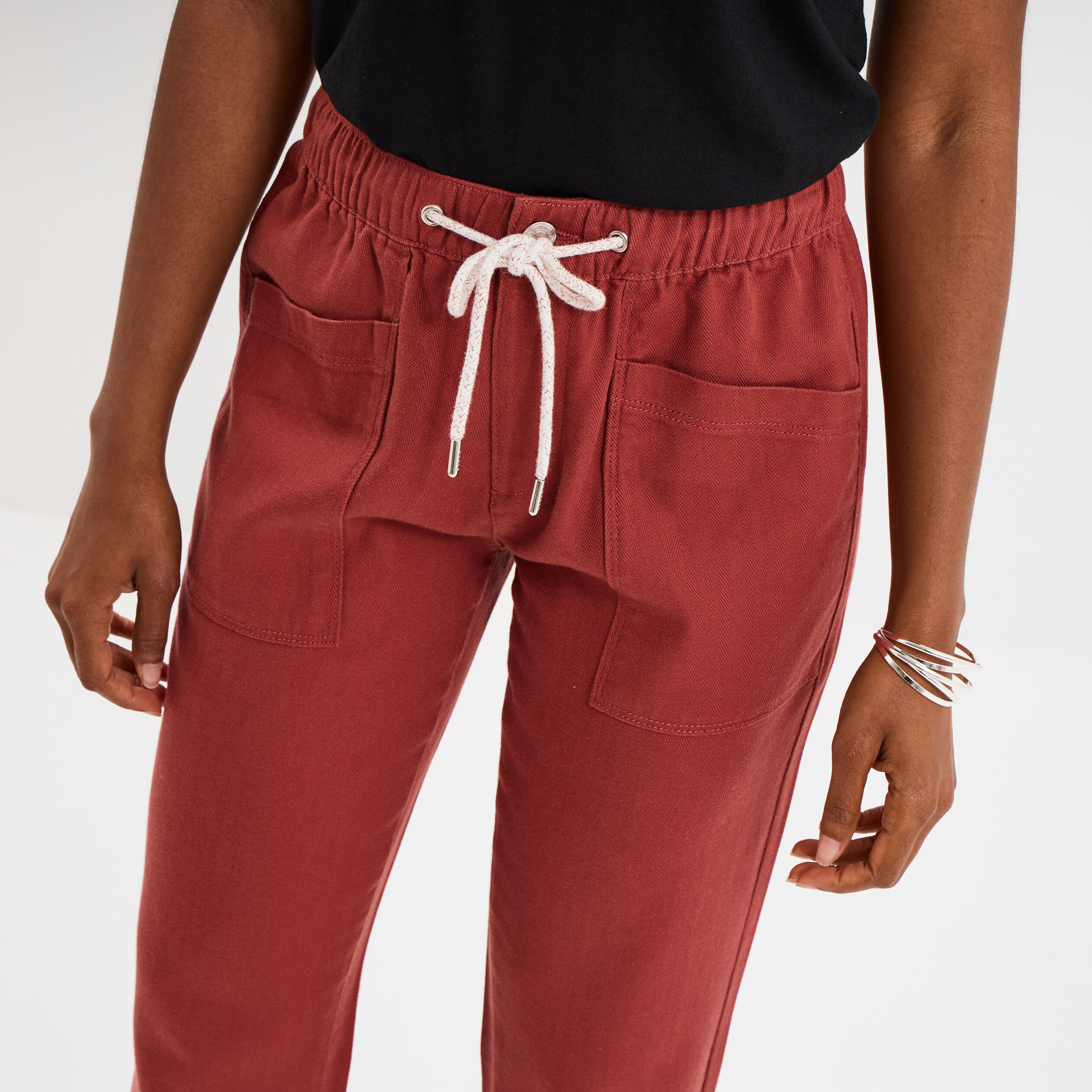 Pantalon droit taille élastiquée rouge foncé femme