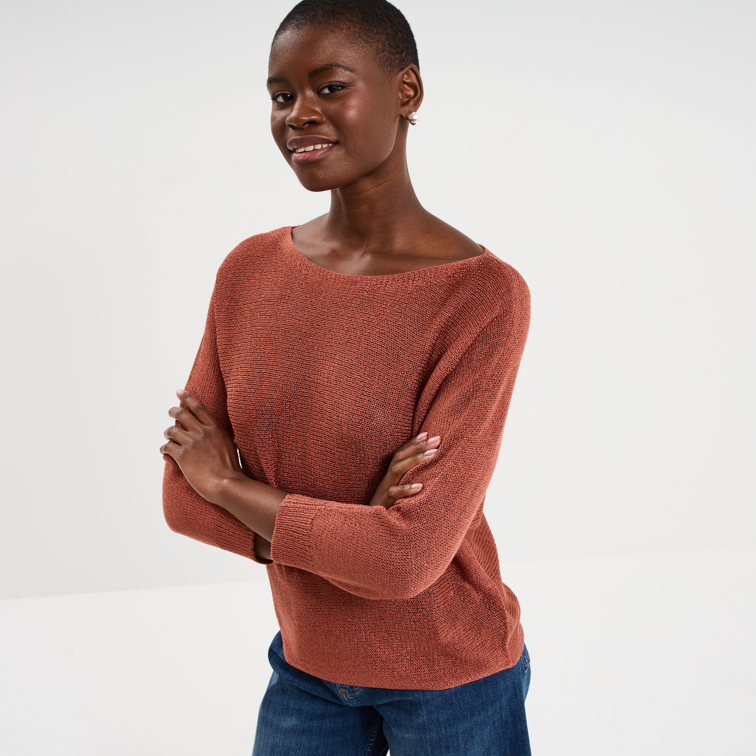 Pull droit col rond manches longues vieux rose femme
