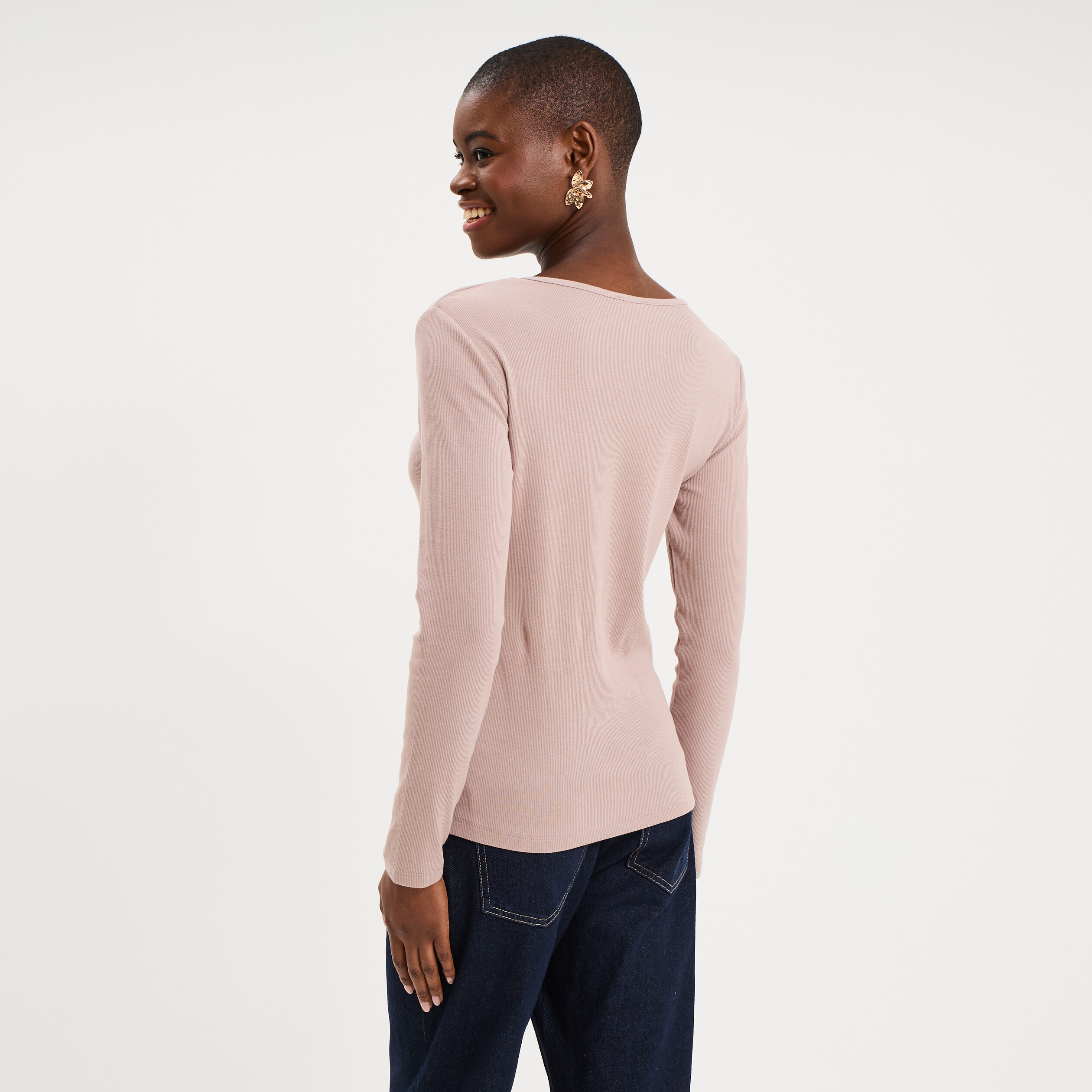 T-shirt coton stretch manches longues marron clair femme