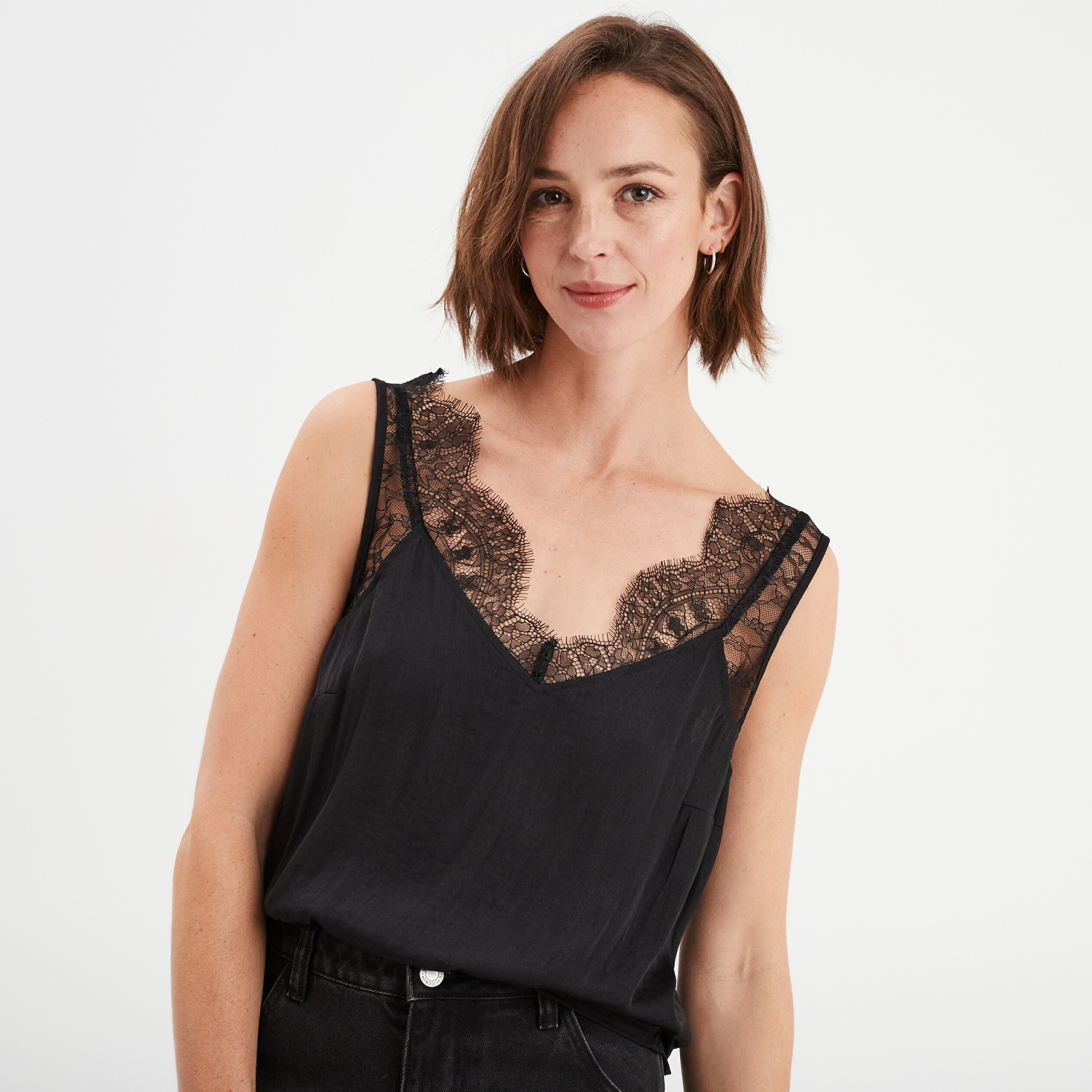 caraco col v avec dentelle noir femme Caraco col V avec dentelle noir femme