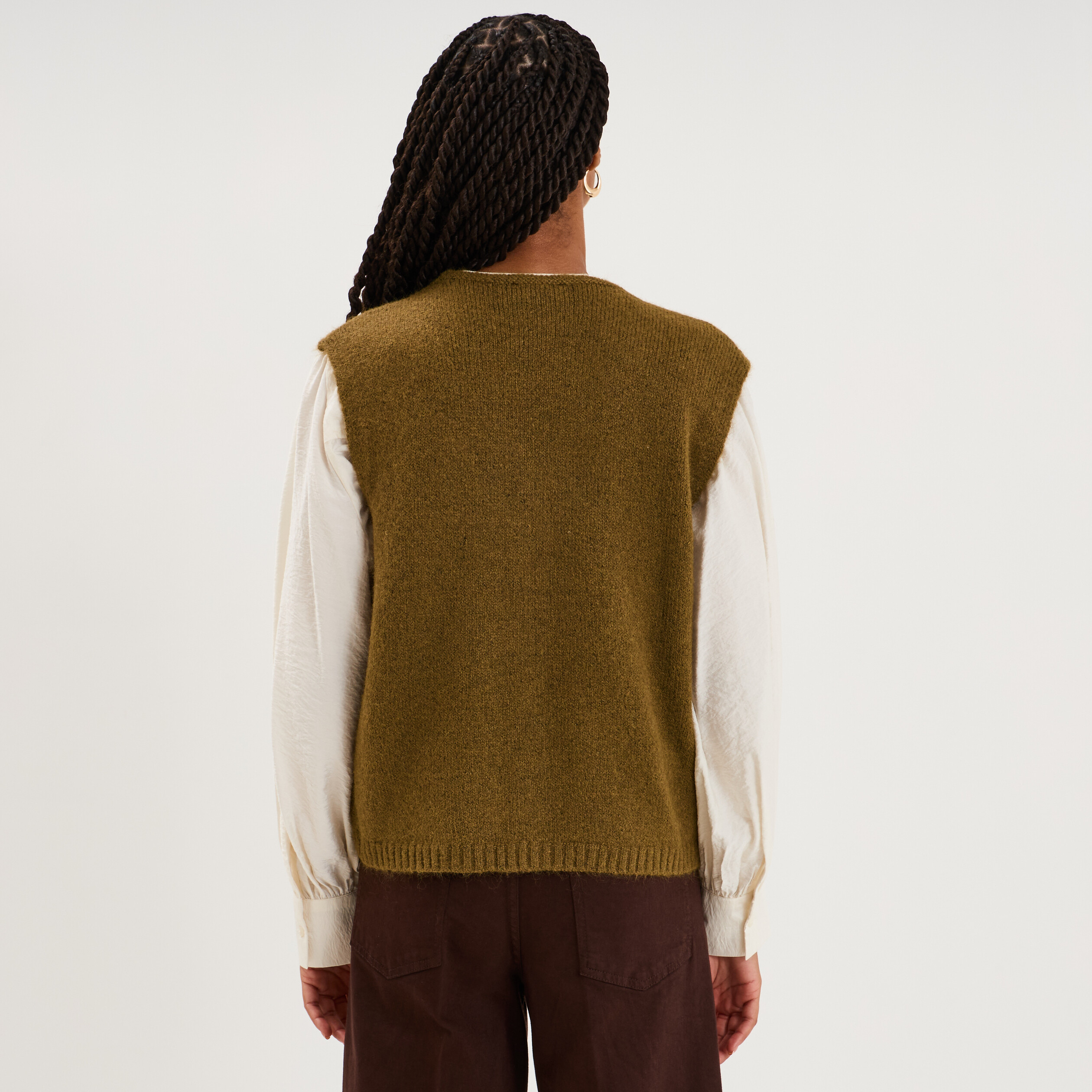 Gilet sans manches col en V vert olive femme