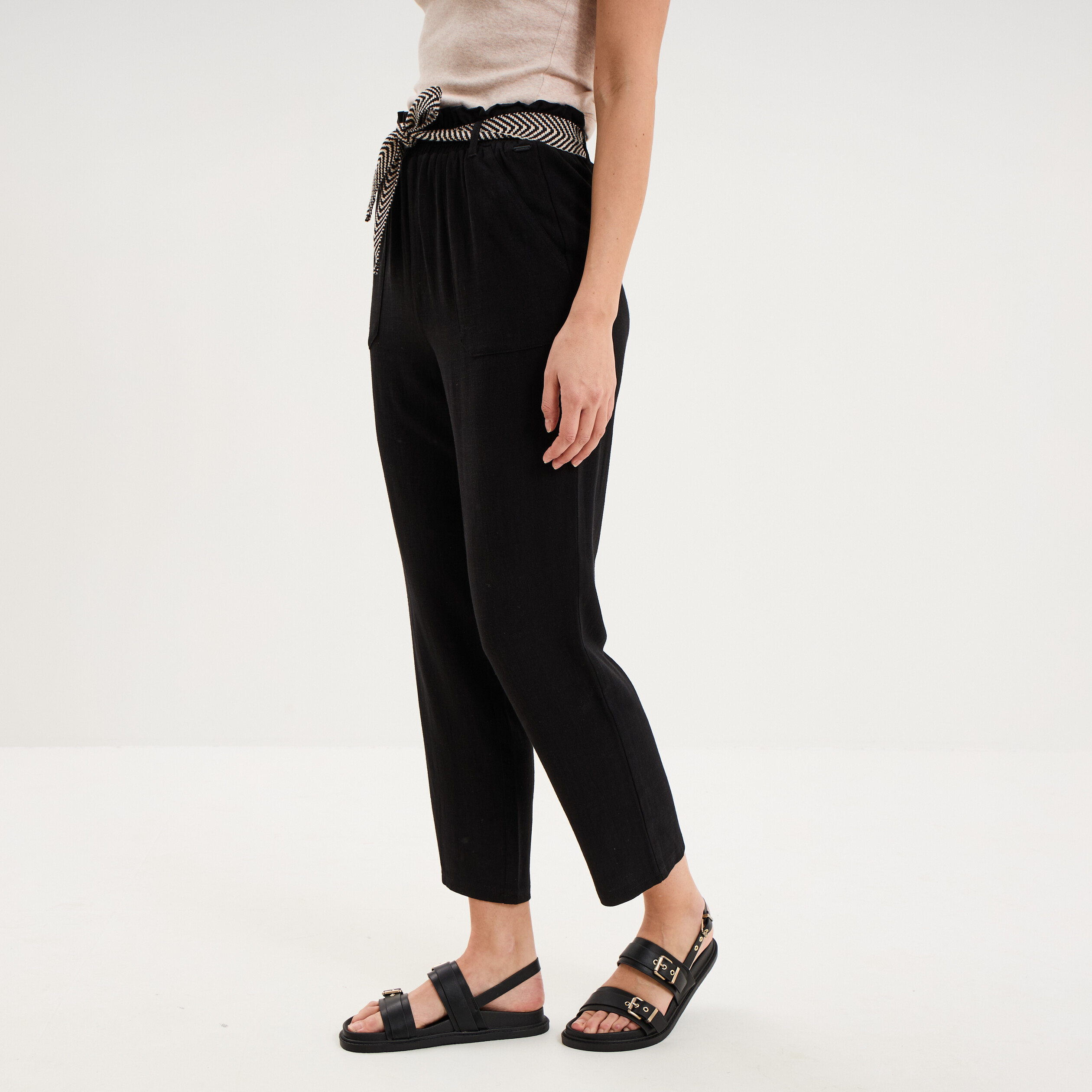 Pantalon paperbag &eacute;lastiqu&eacute; m&eacute;lange lin noir femme