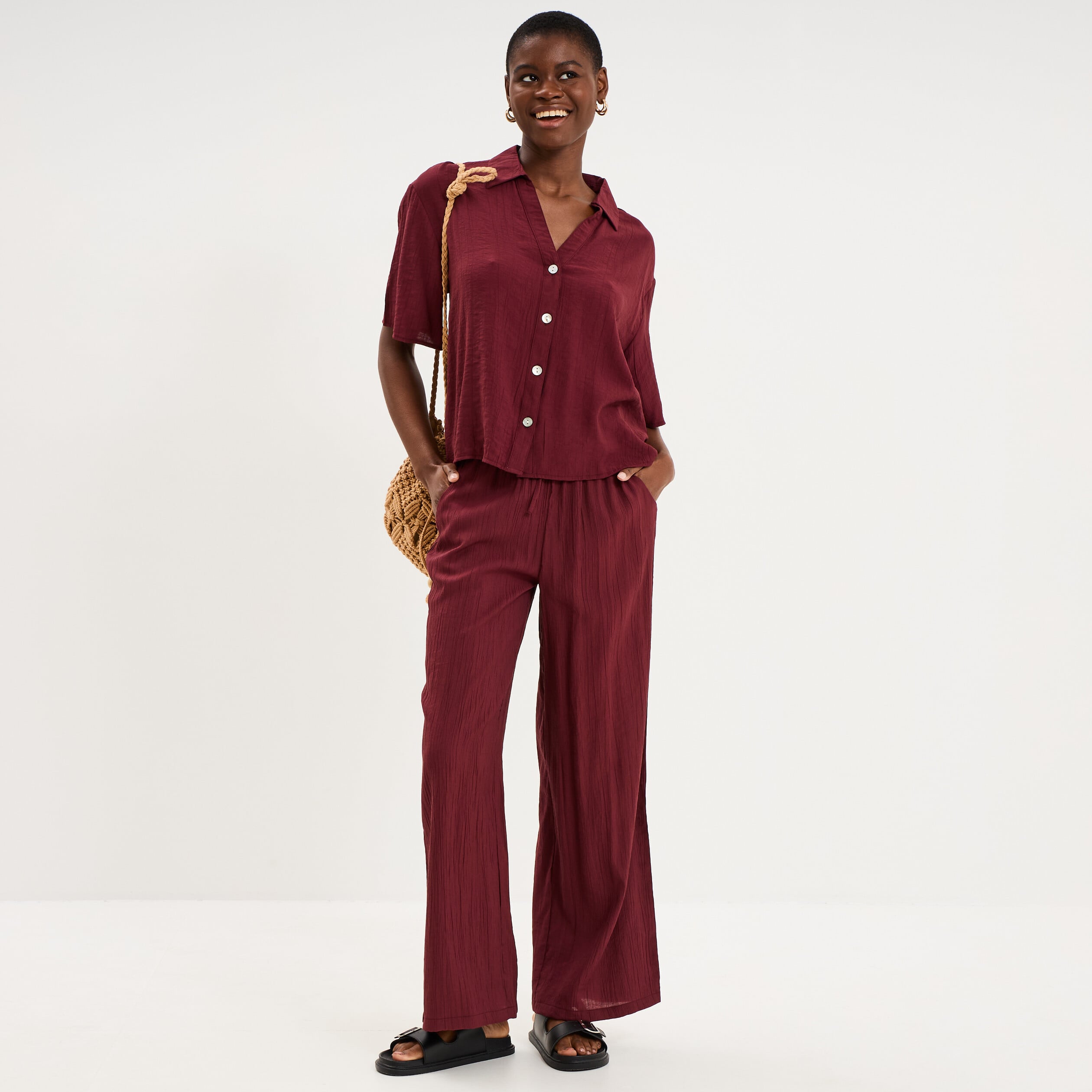 Pantalon large fluide taille &eacute;lastiqu&eacute;e bordeaux femme