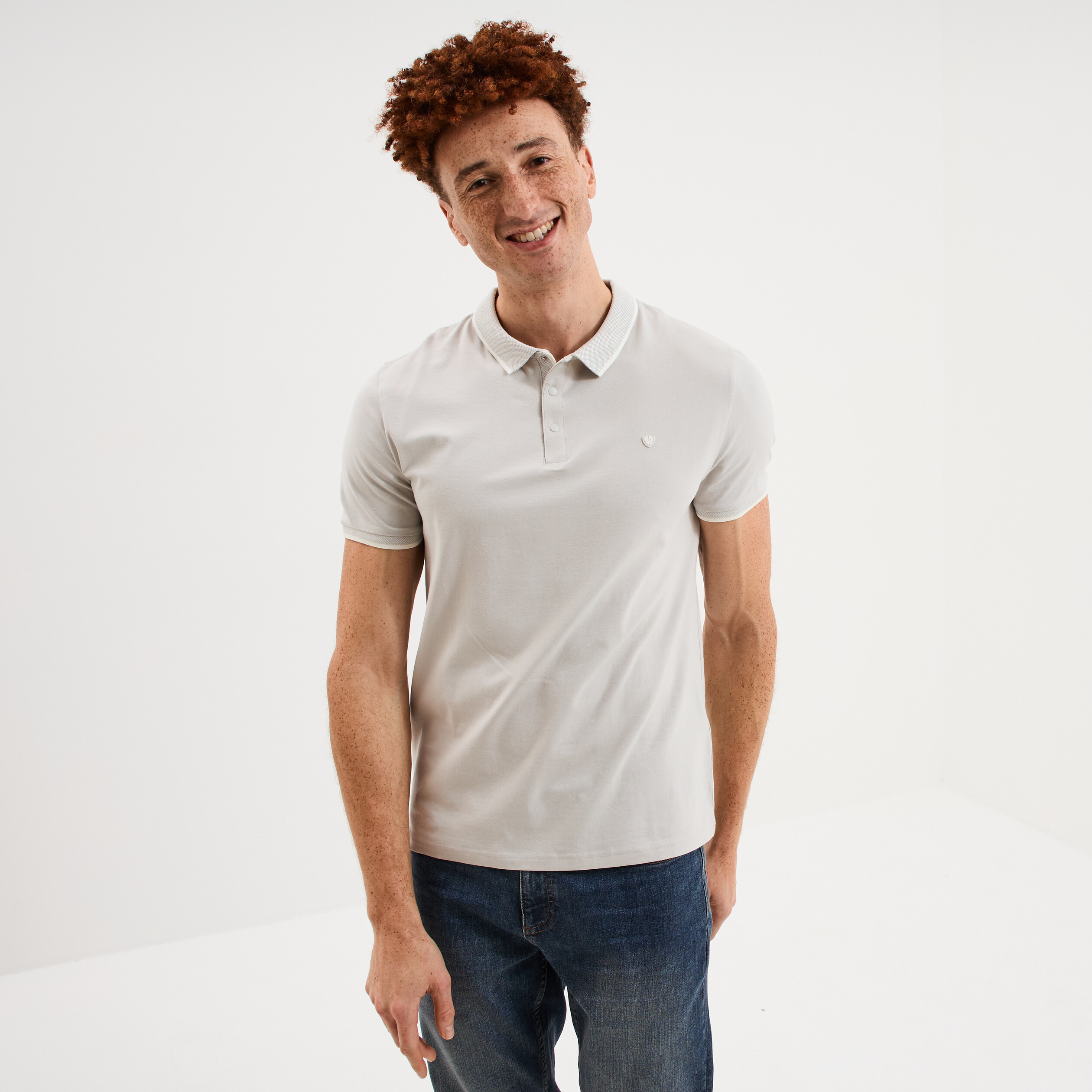 Polo slim manches courtes stretch gris clair homme