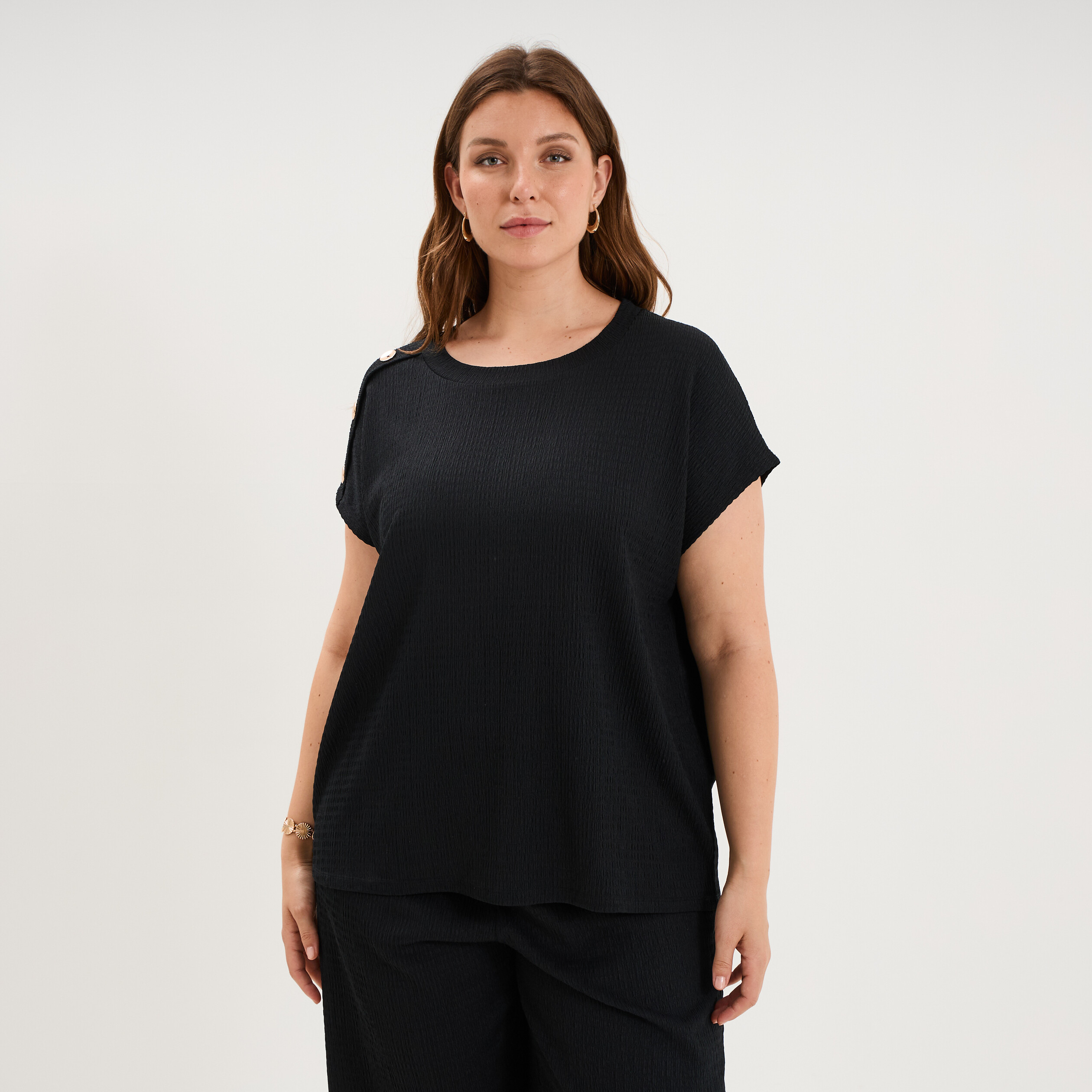T-shirt manches courtes gaze de coton noir femme grande taille