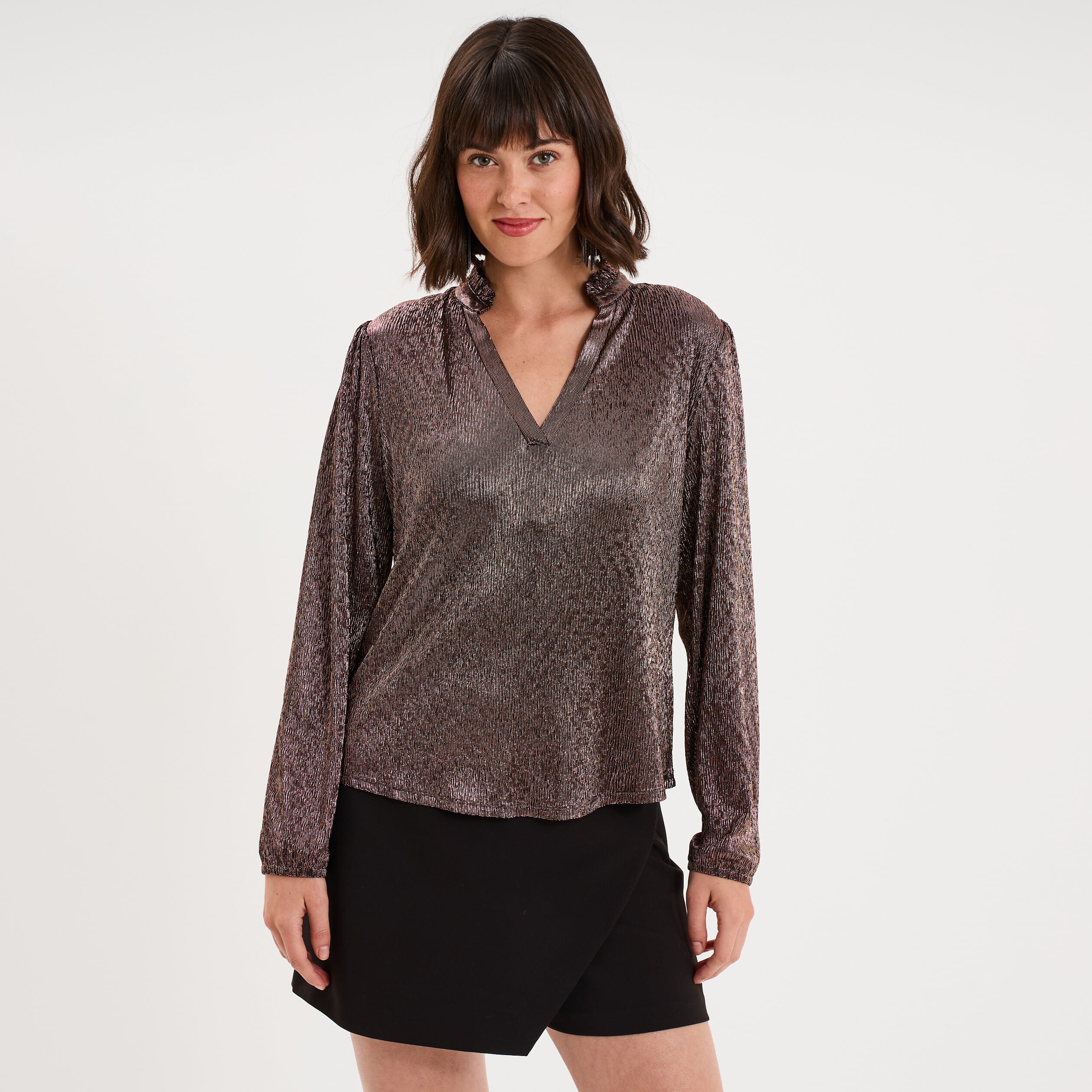Blouse manches longues col tunisien terracotta femme