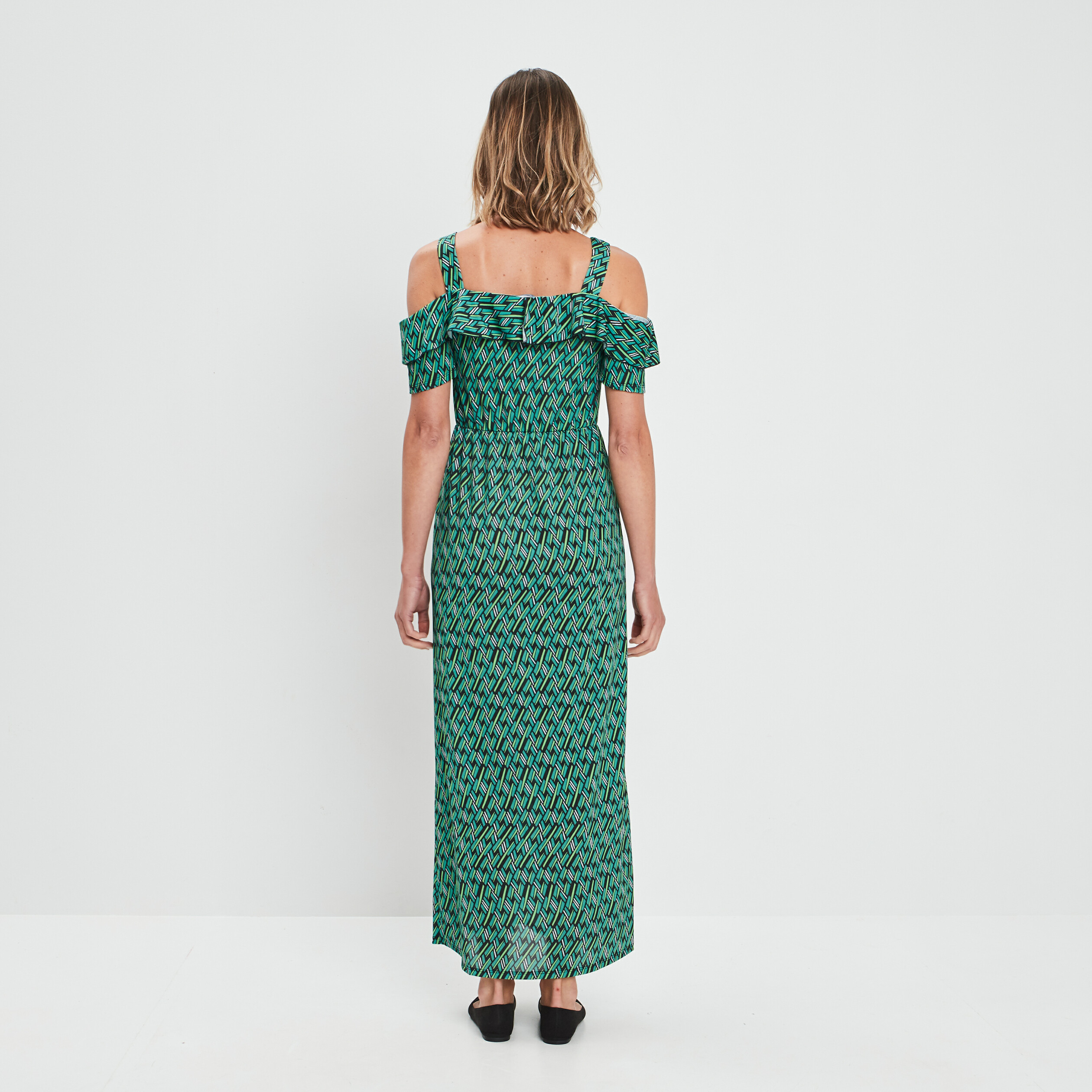 Robe longue droite à volants vert femme