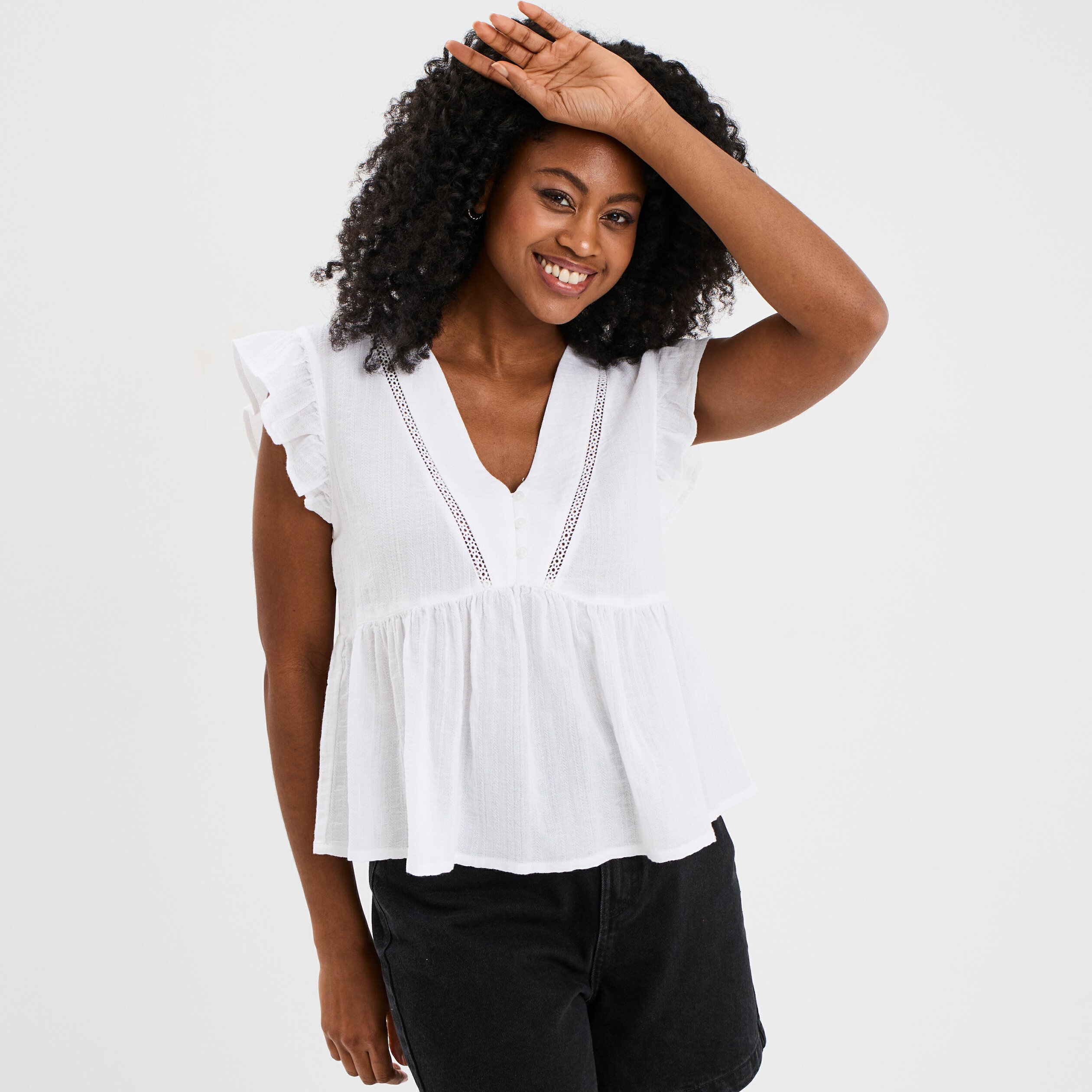 blouse manches volants col en v coton blanc femme Blouse manches volants col en V coton blanc femme