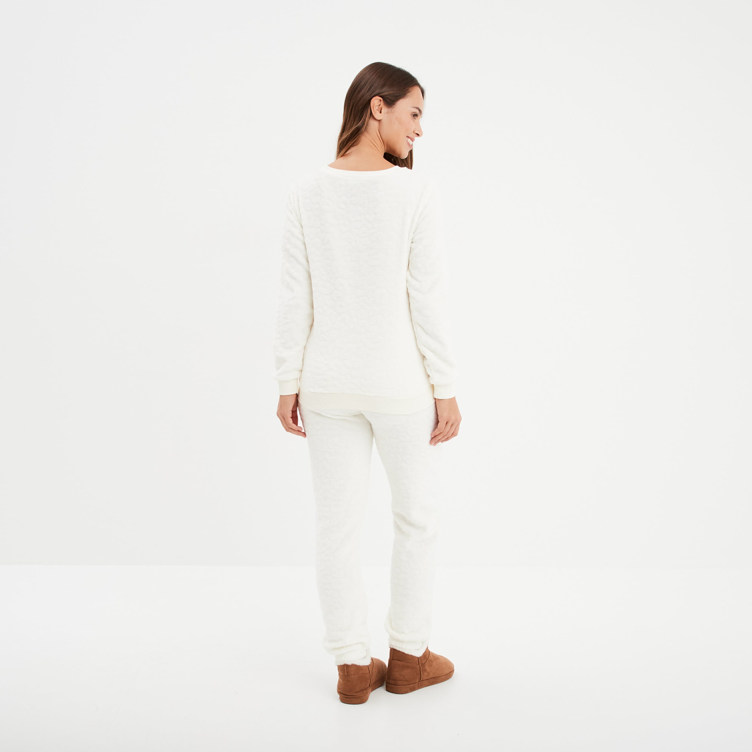 Ensemble pyjama effet polaire col rond blanc femme