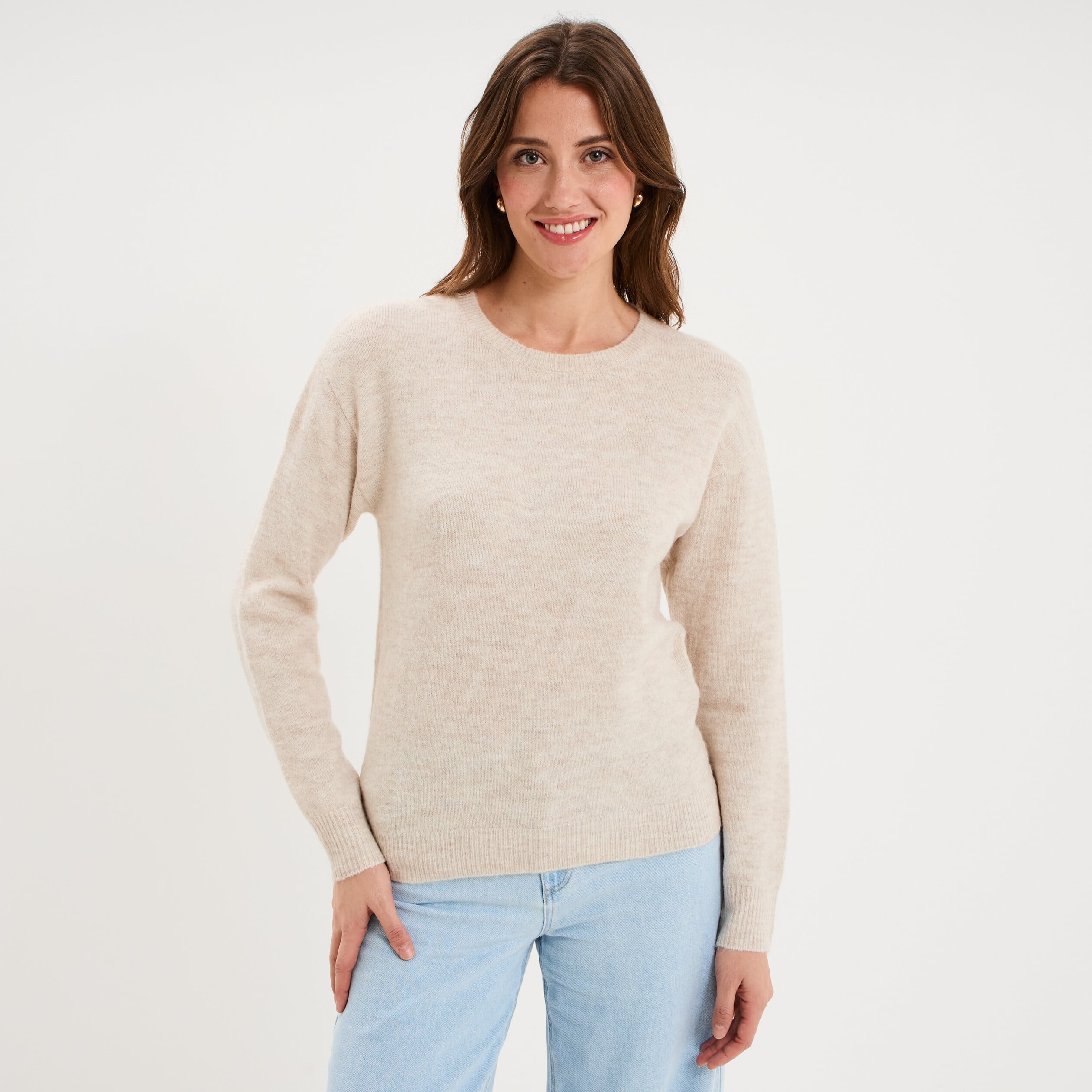 Pull col rond manches longues ecru femme