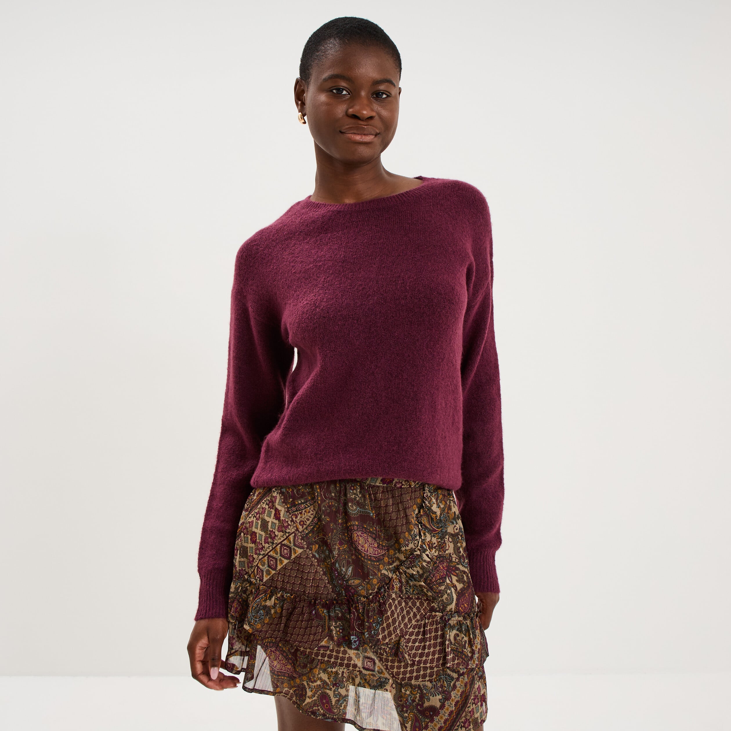 Pull col rond manches longues prune femme