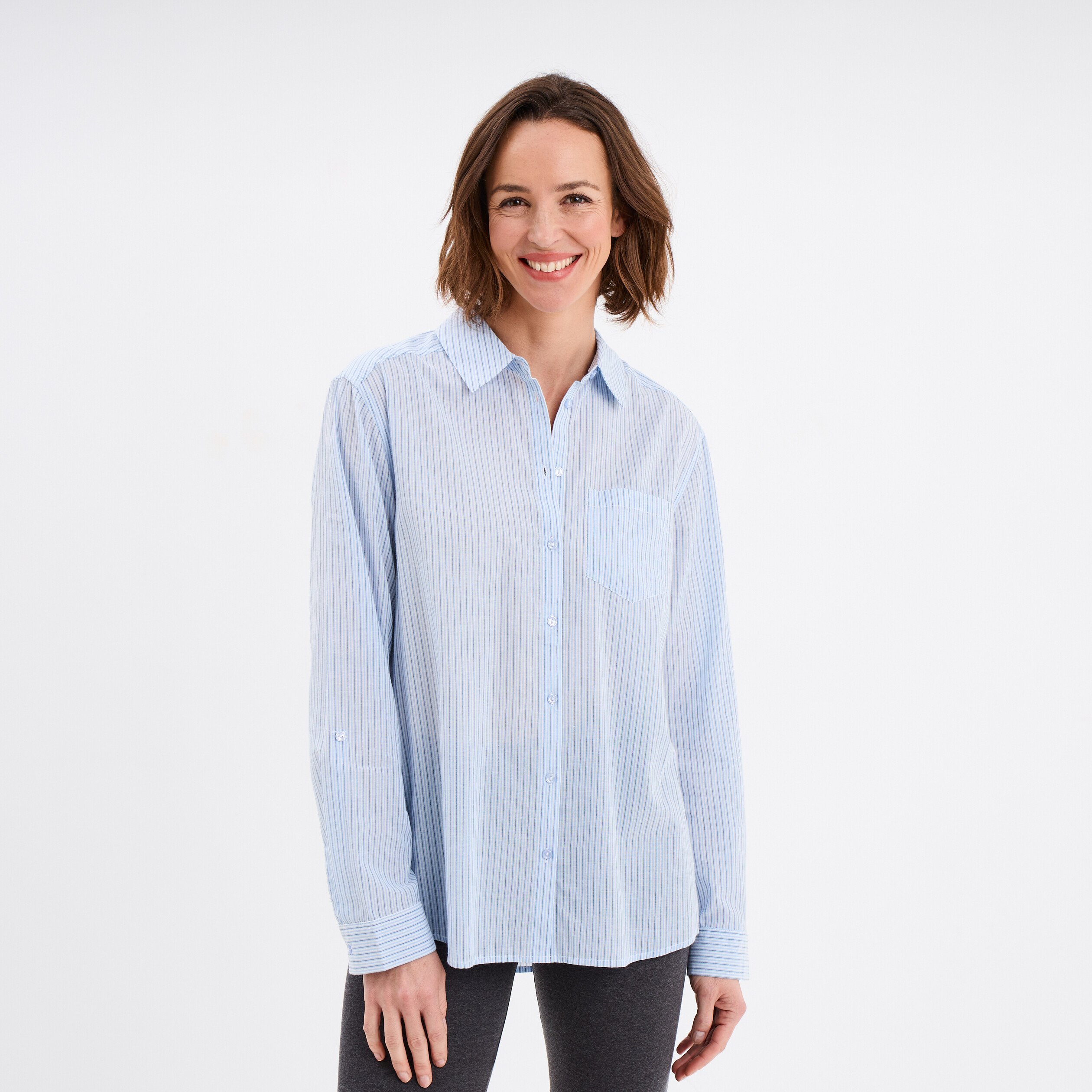 chemise manches ajustables 1 poche coton bleu femme Chemise manches ajustables 1 poche coton bleu femme