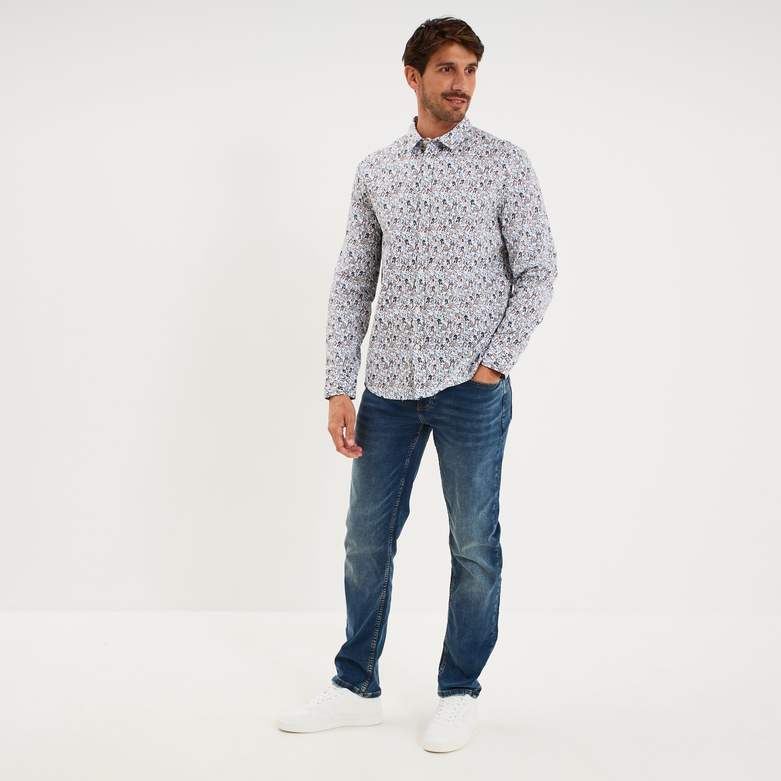 Chemise droite imprim&eacute;e manches longues ecru homme