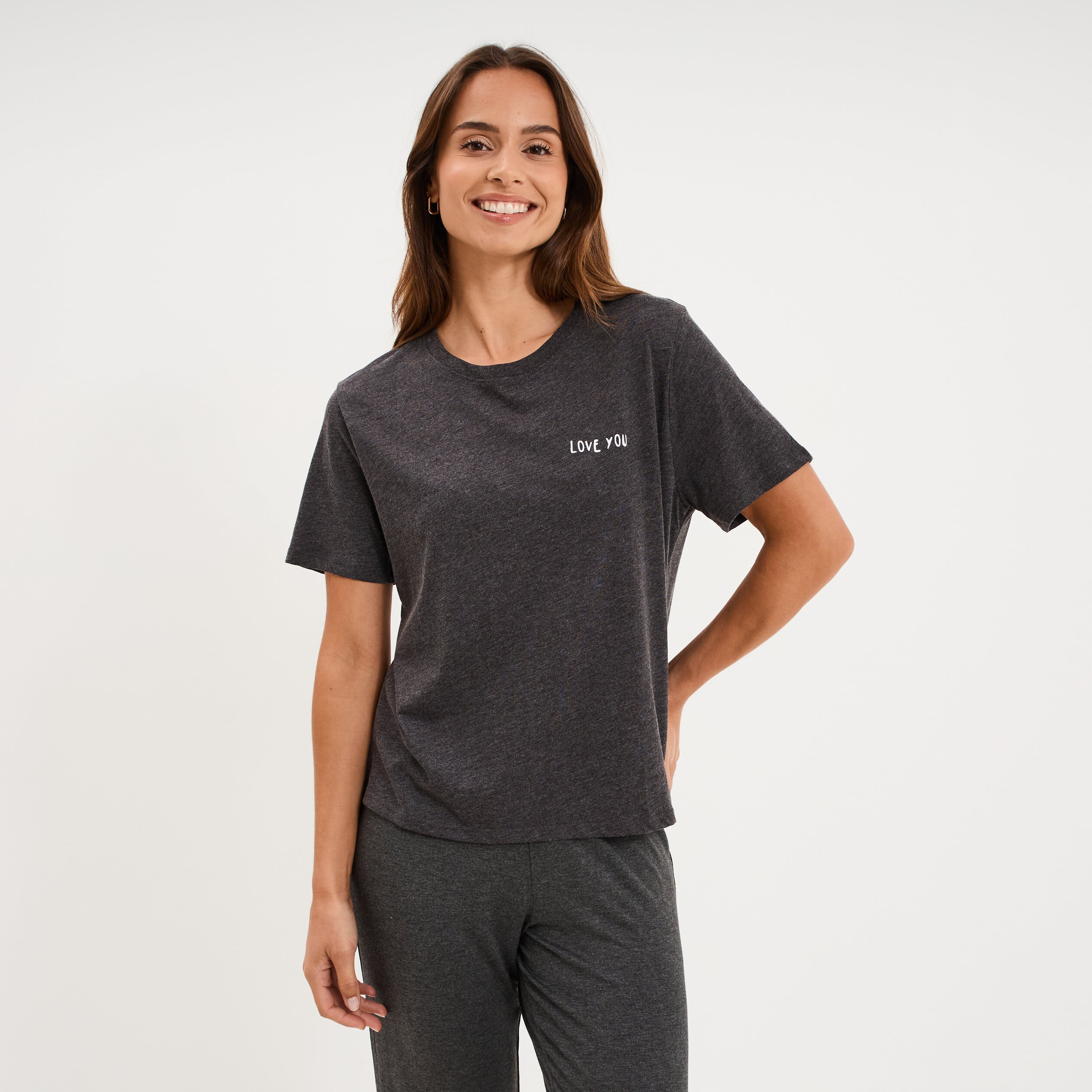 T-shirt col rond manches courtes coton gris fonc&eacute; femme