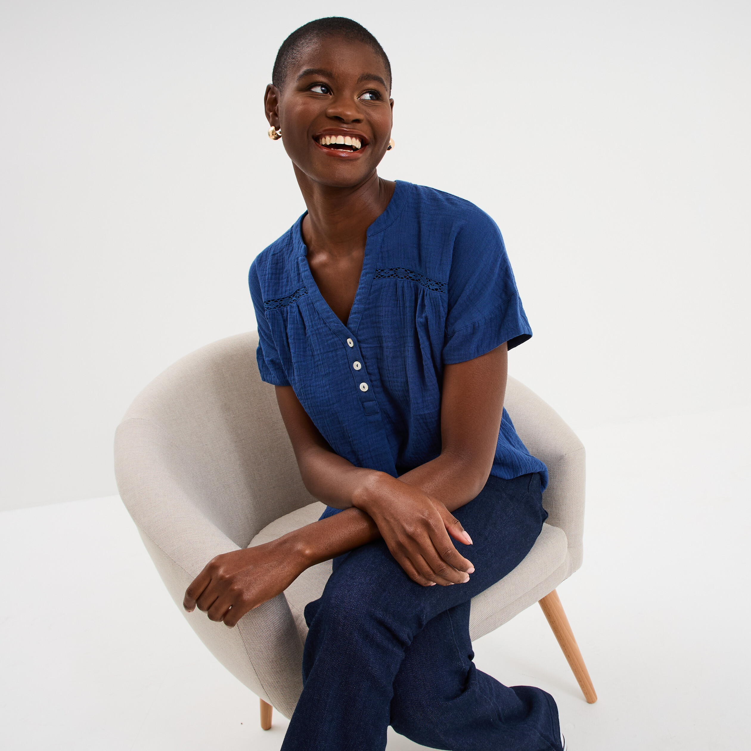 Blouse Col tunisien gaze de coton bleu marine femme