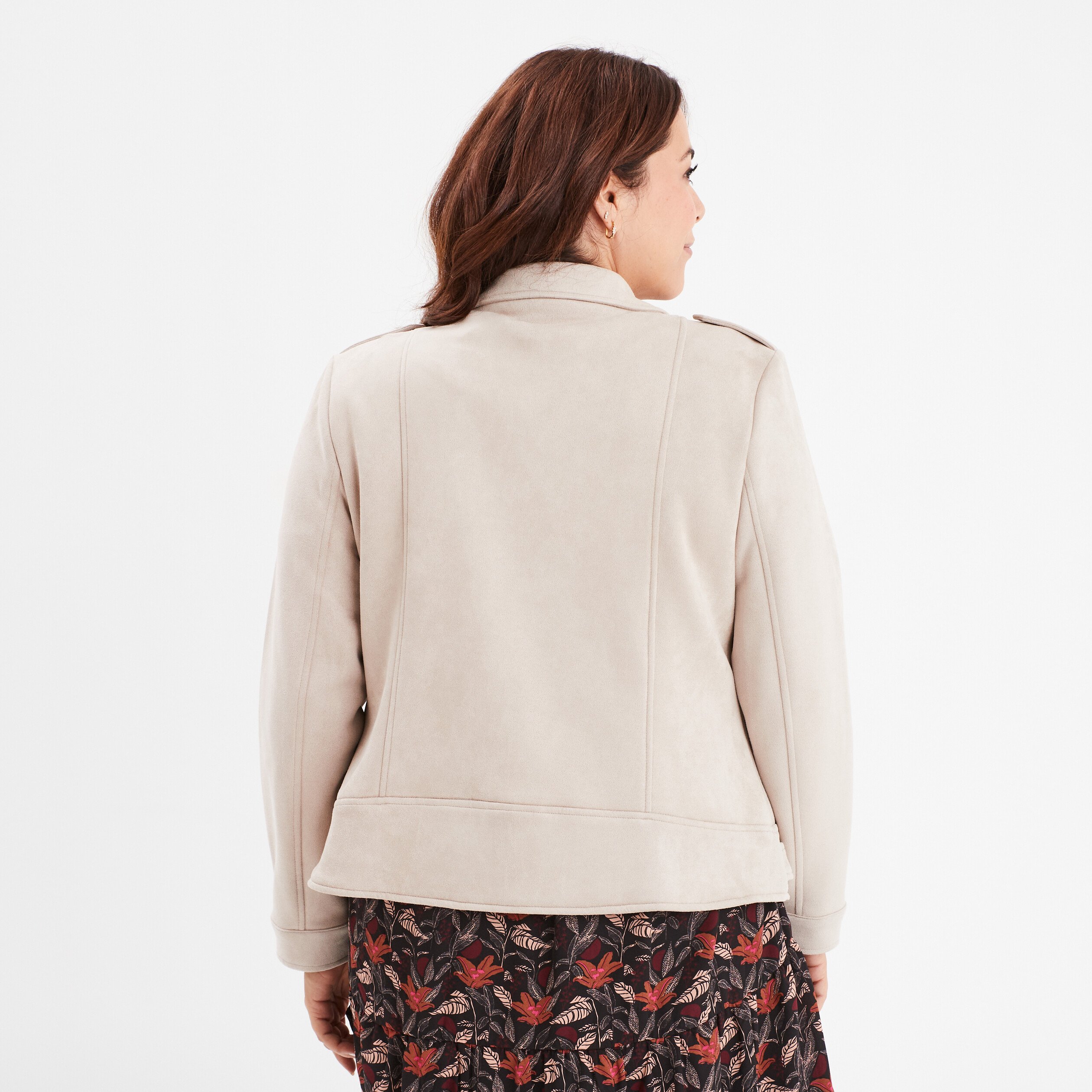 blouson zippe effet suedine style biker beige femmegt Blouson zippé effet suédine style biker beige femme grande taille