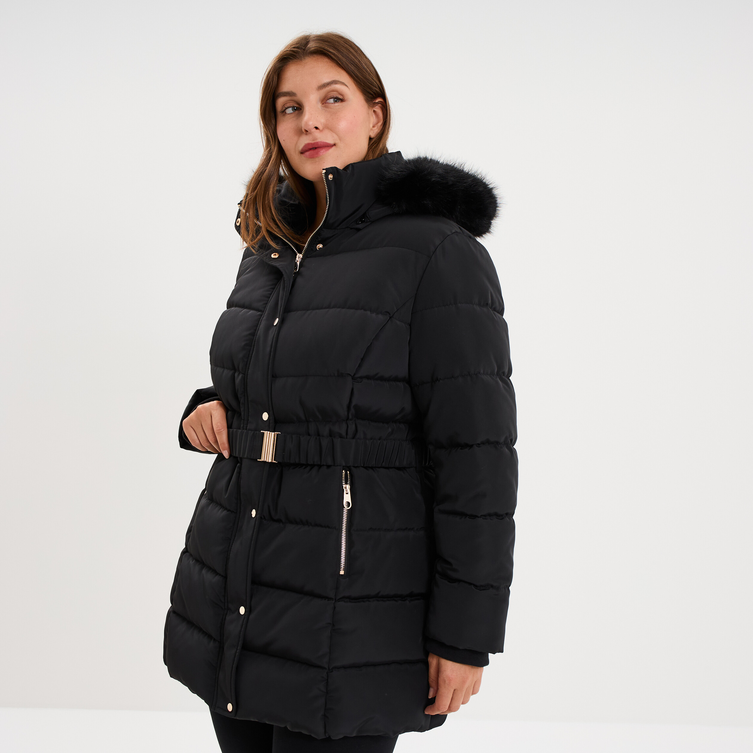 Doudoune mi-longue ceintur&eacute;e &agrave; capuche noir femme grande taille