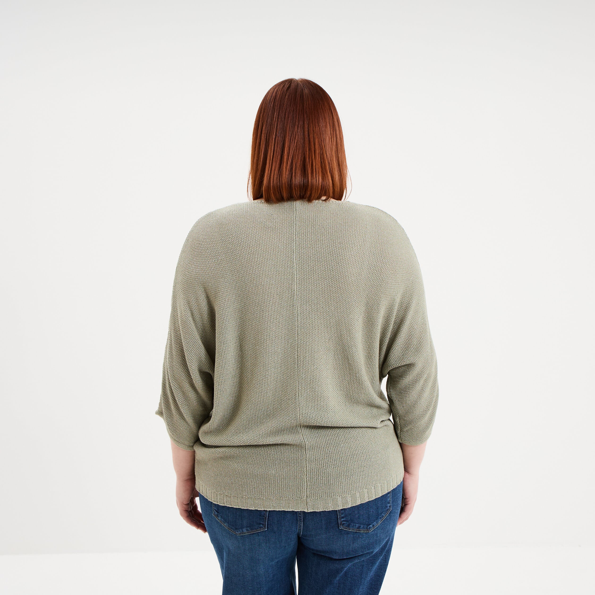 Pull manches 3/4 col en V vert kaki femme grande taille