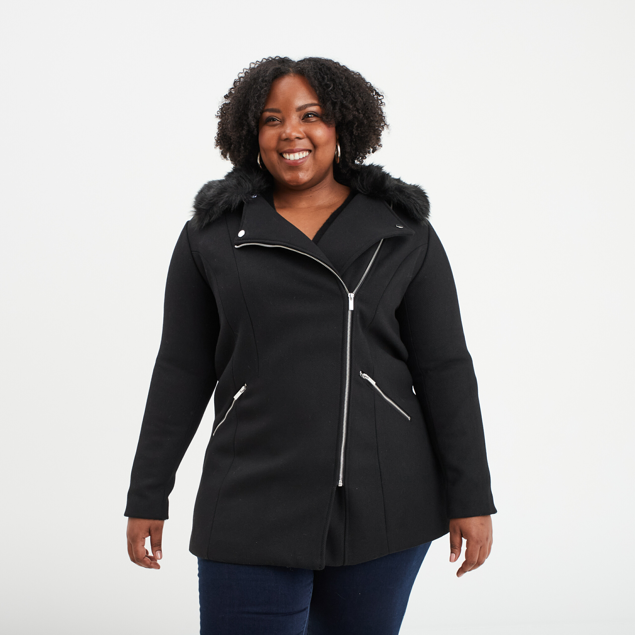 Manteau mi long col imitation fourrure noir femme grande taille La Halle