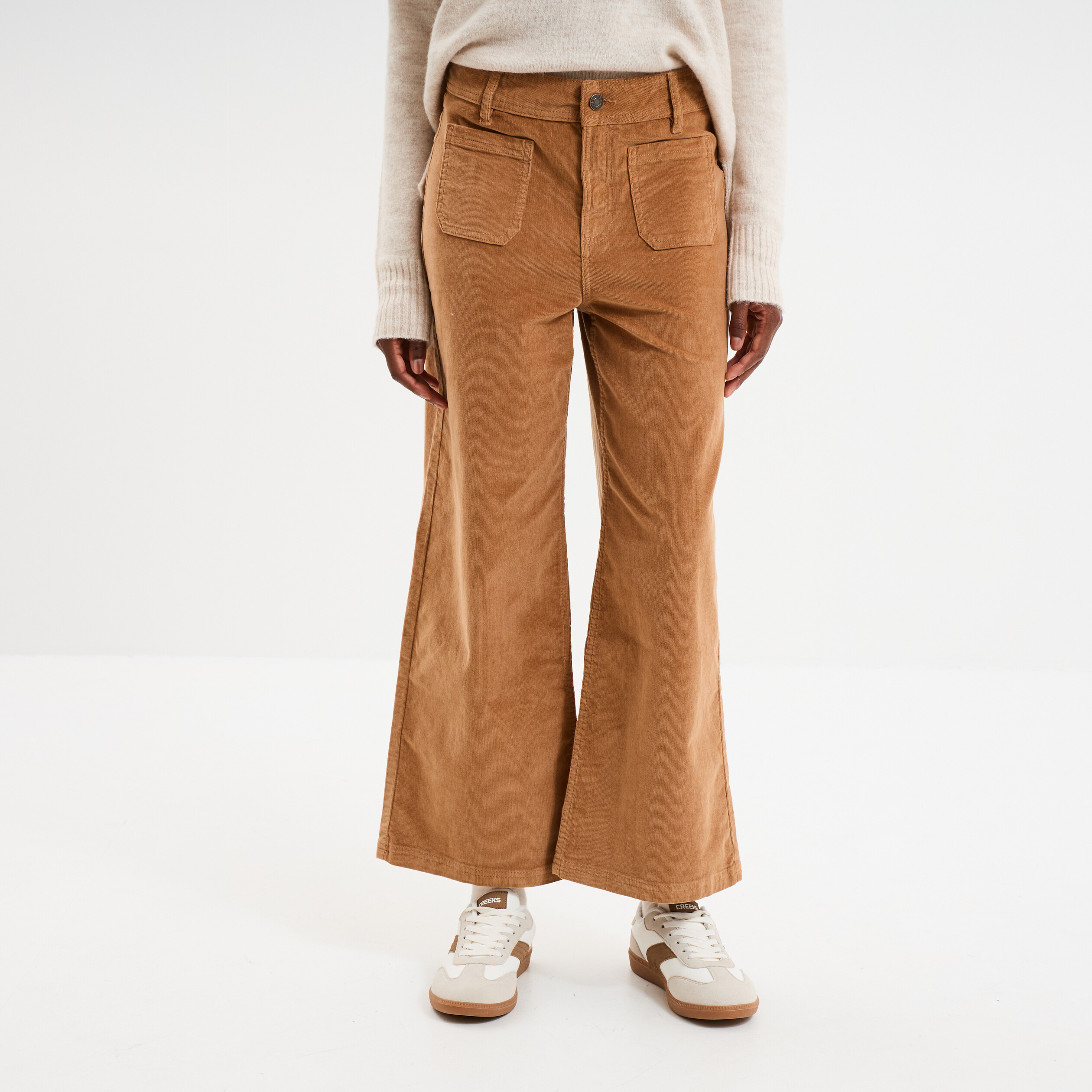 Pantalon effet velours flare cropped beige femme