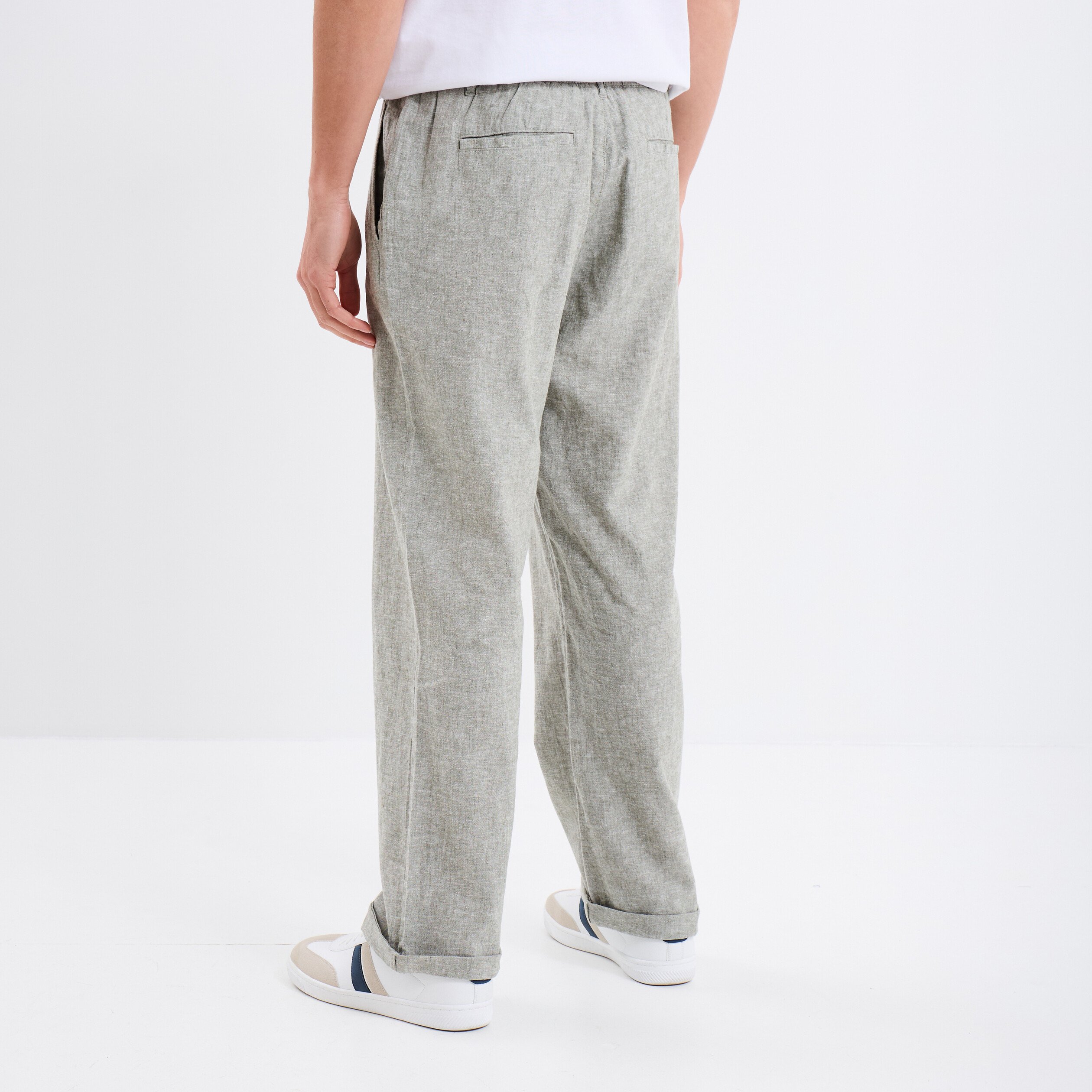 pantalon chino melange lin coton vert kaki homme Pantalon chino mélange lin coton vert kaki homme