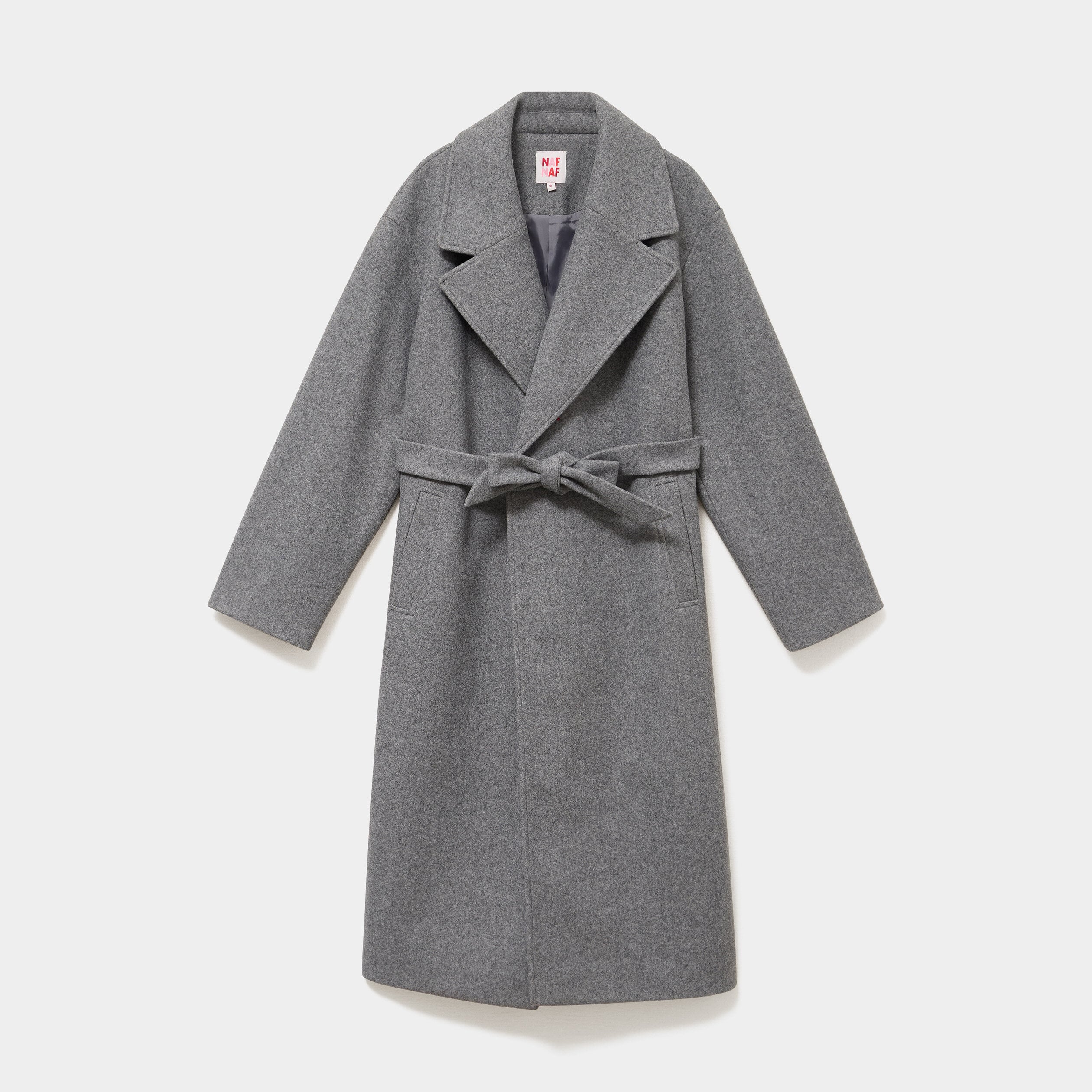 Manteau long oversize ceintur&eacute; gris femme