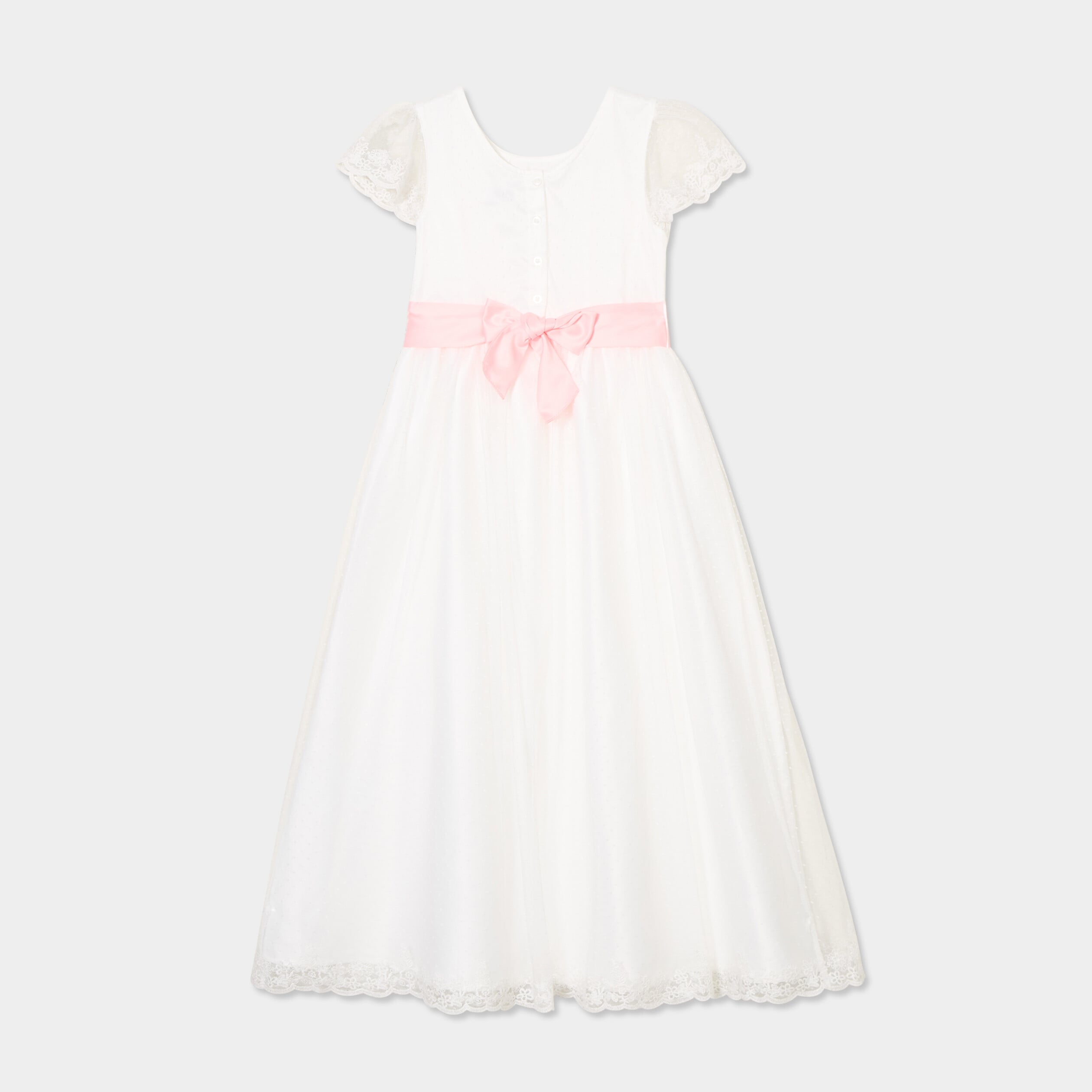 Robe longue tulle brod&eacute;e avec ceinture ivoire fille