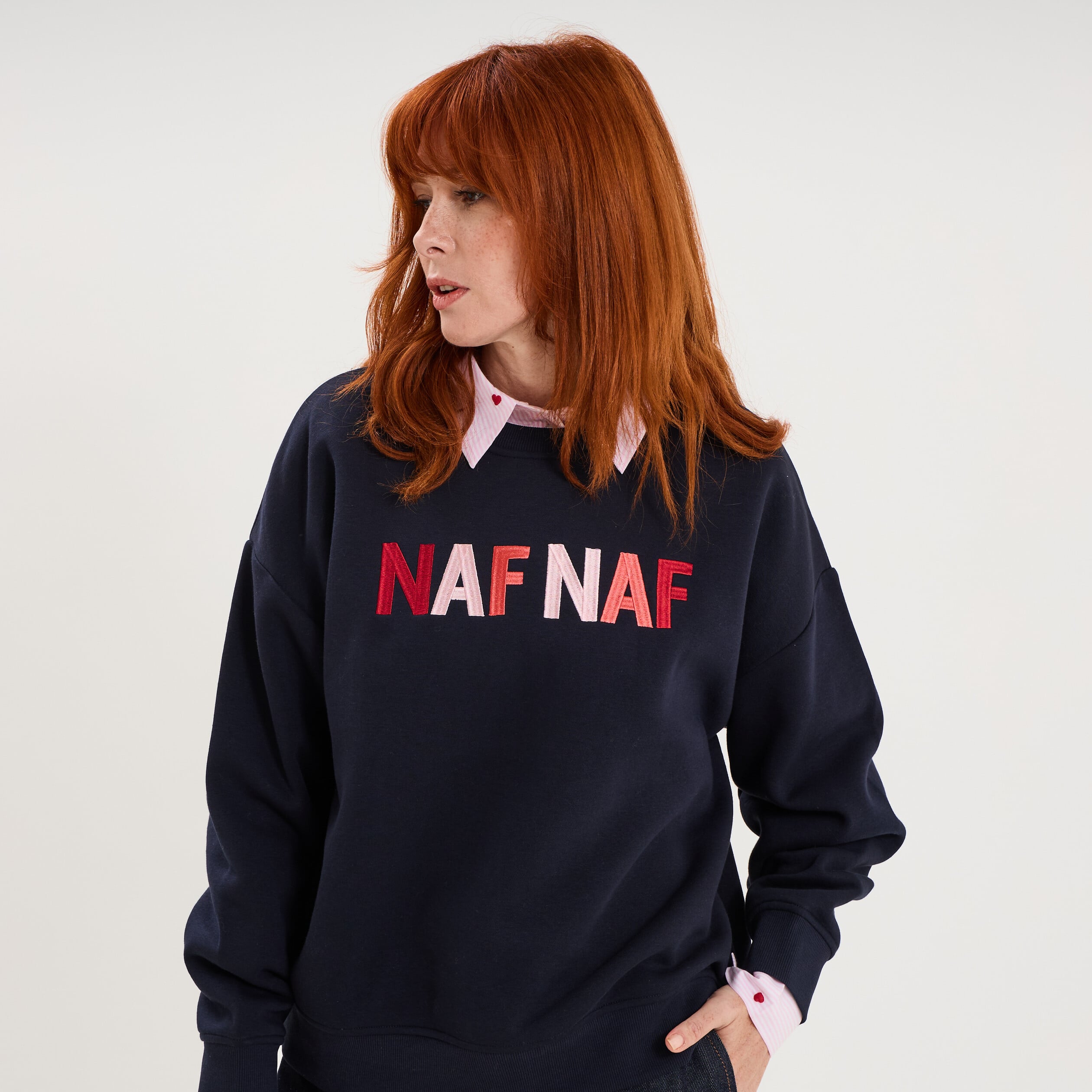 Sweat col rond logo oversize bleu fonc&eacute; femme