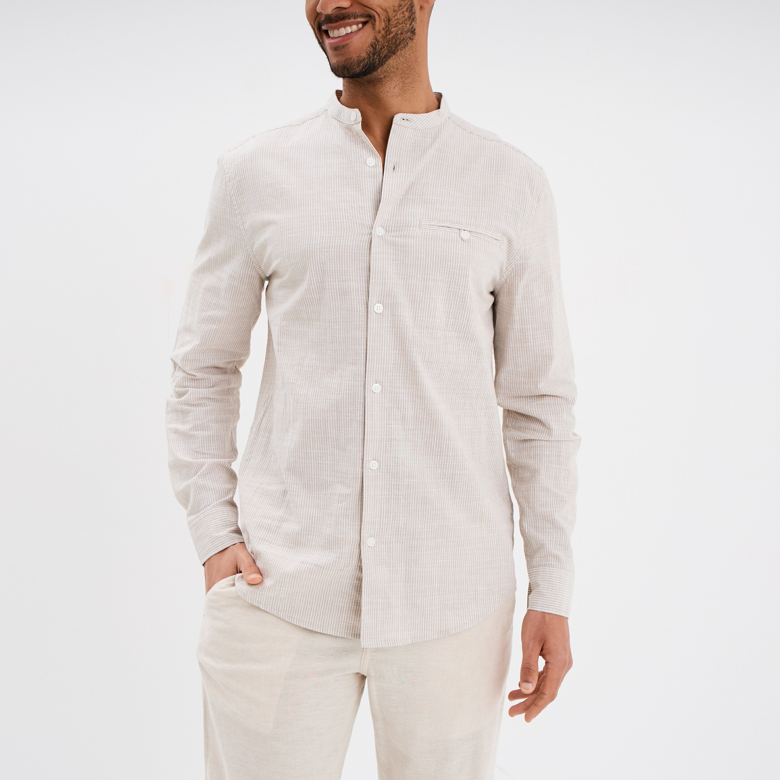 chemise col mao manches longues coton beige homme Chemise col mao manches longues coton beige homme