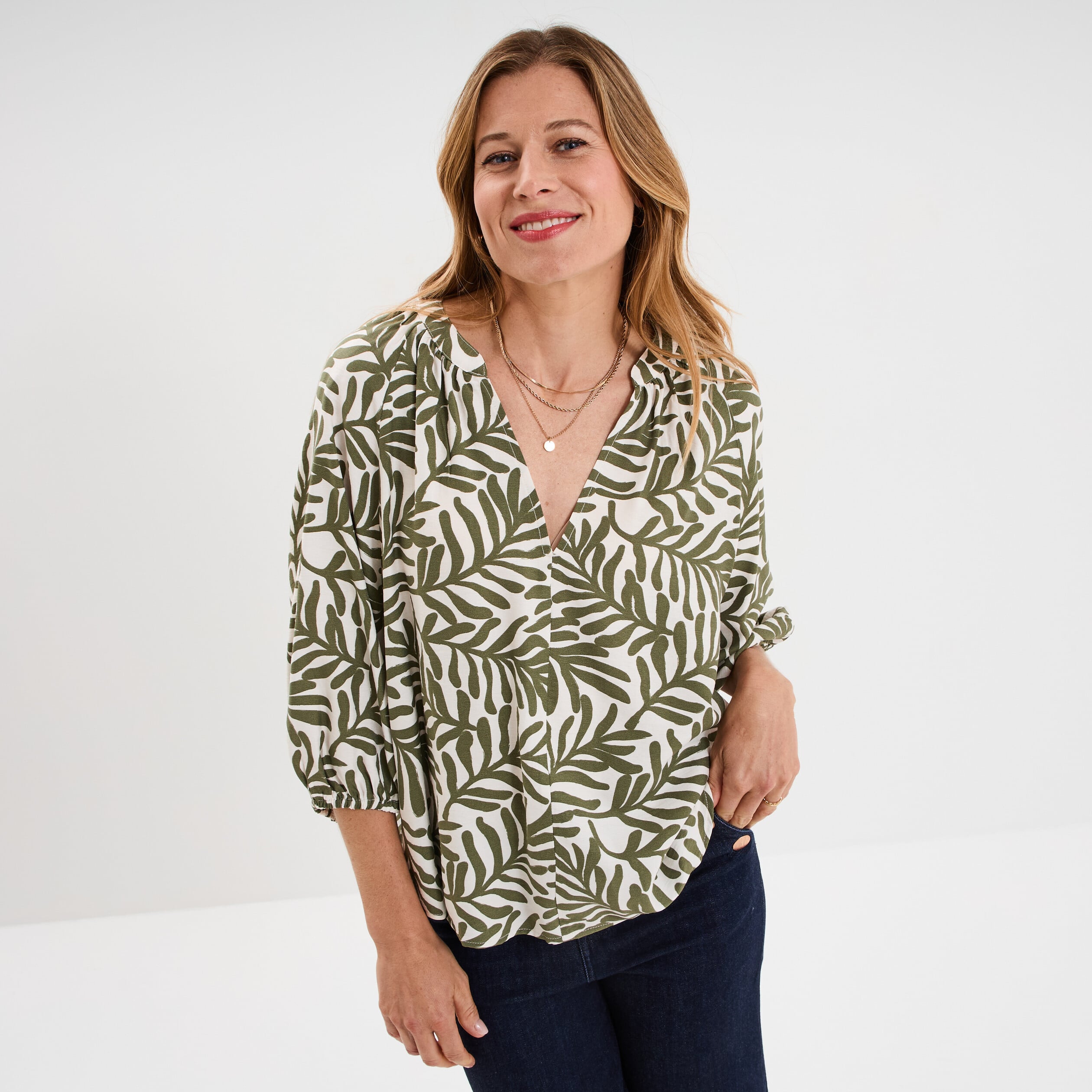 Blouse manches 3/4 ballons col tunisien blanc femme