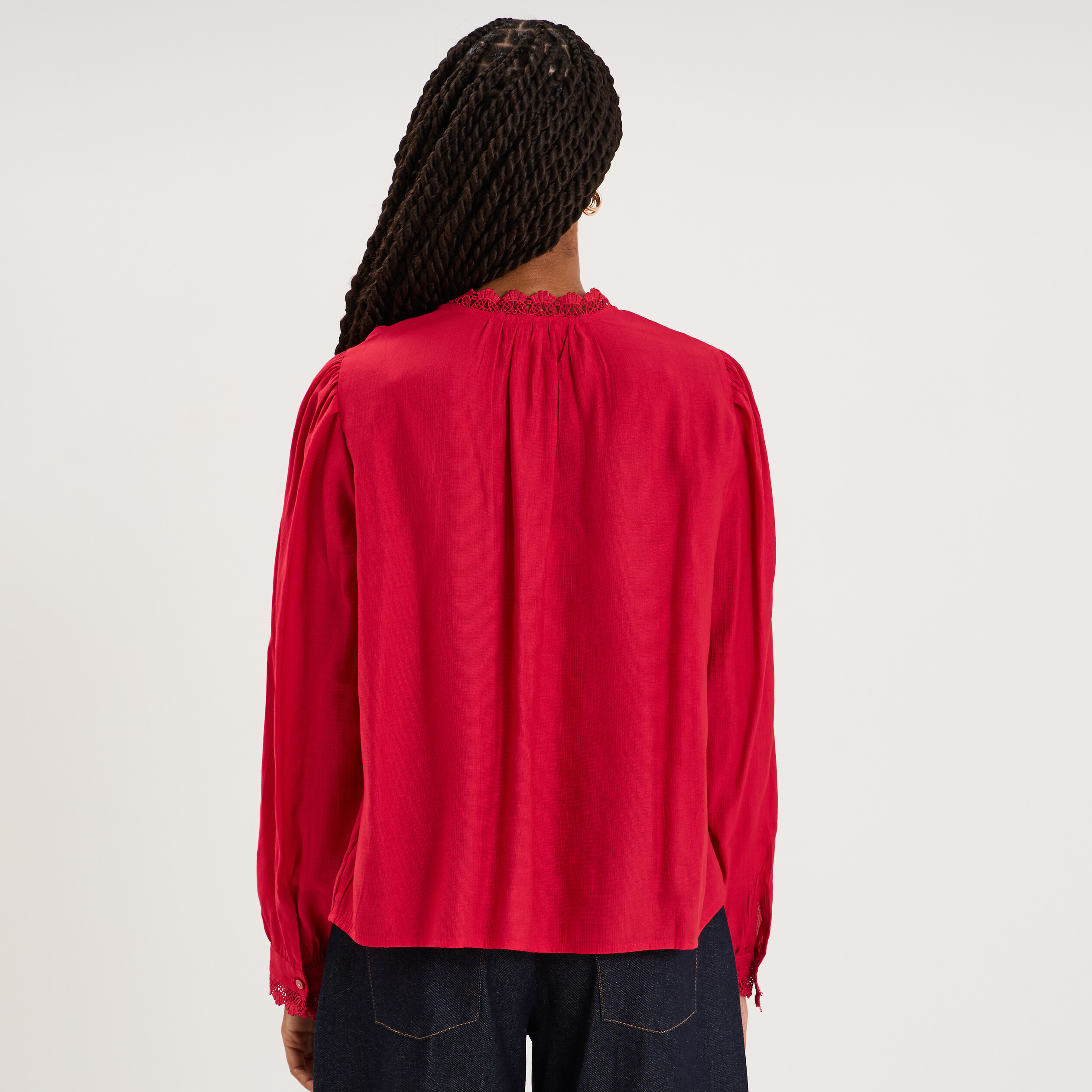 Blouse manches longues col dentelle rose cerise femme