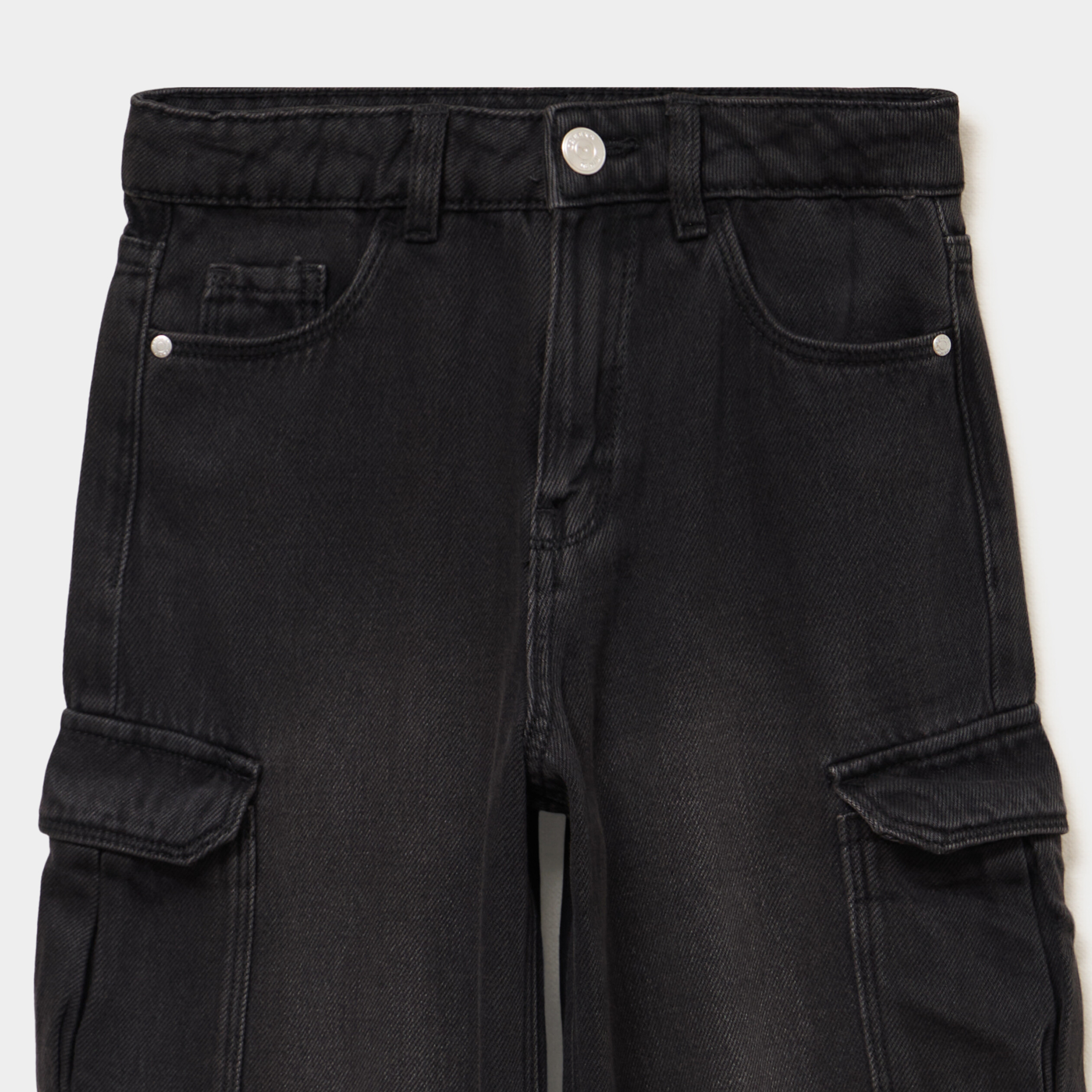 Jean large cargo poches &agrave; rabat coton denim noir fille