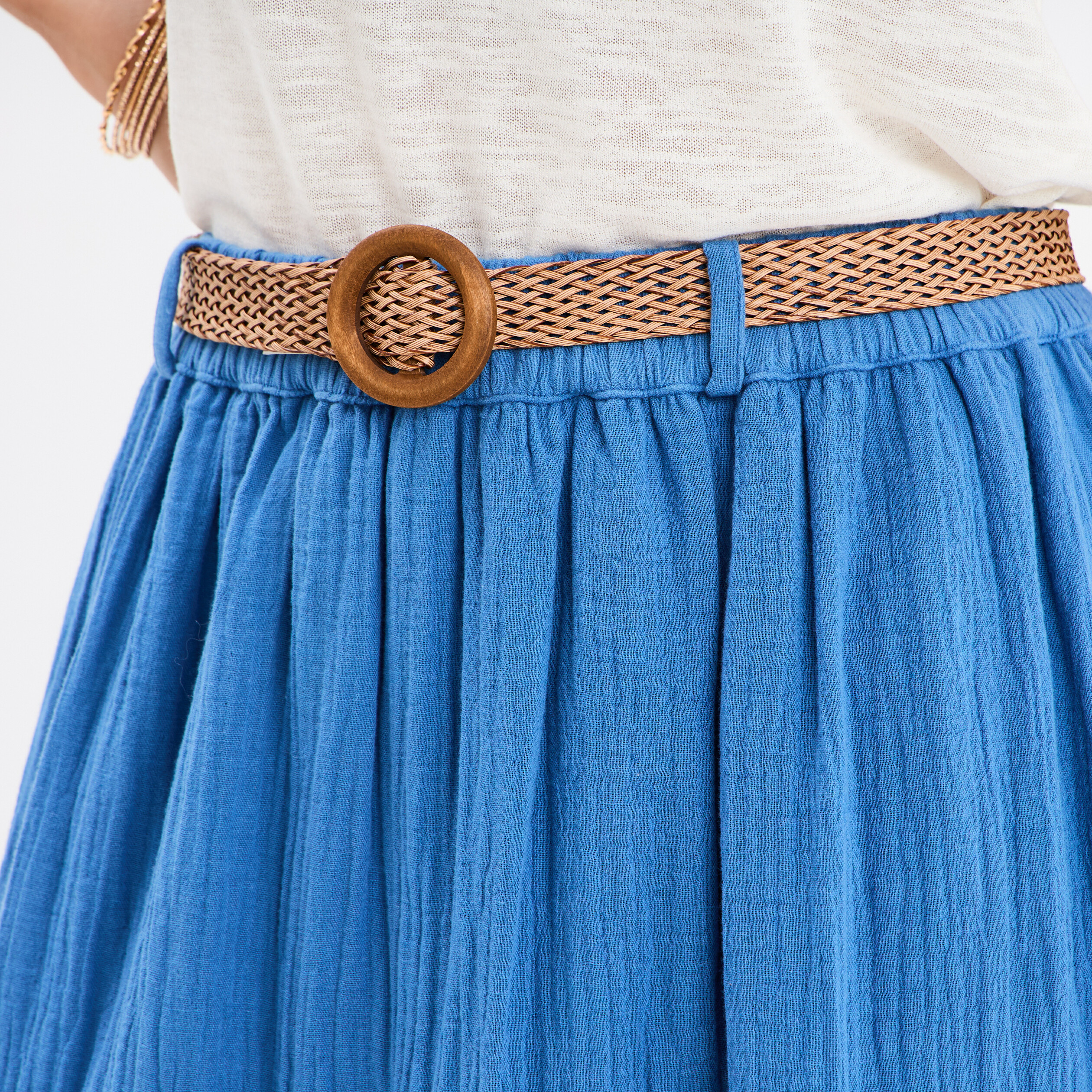 jupe longue gaze de coton ceinturee bleu fonce femme Jupe longue gaze de coton ceinturée bleu foncé femme