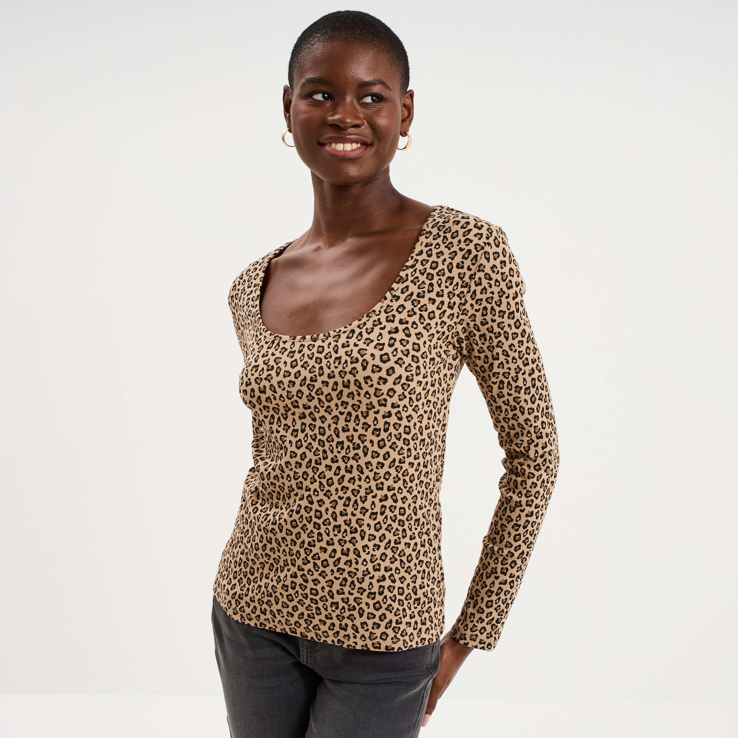 T-shirt coton stretch manches longues beige femme