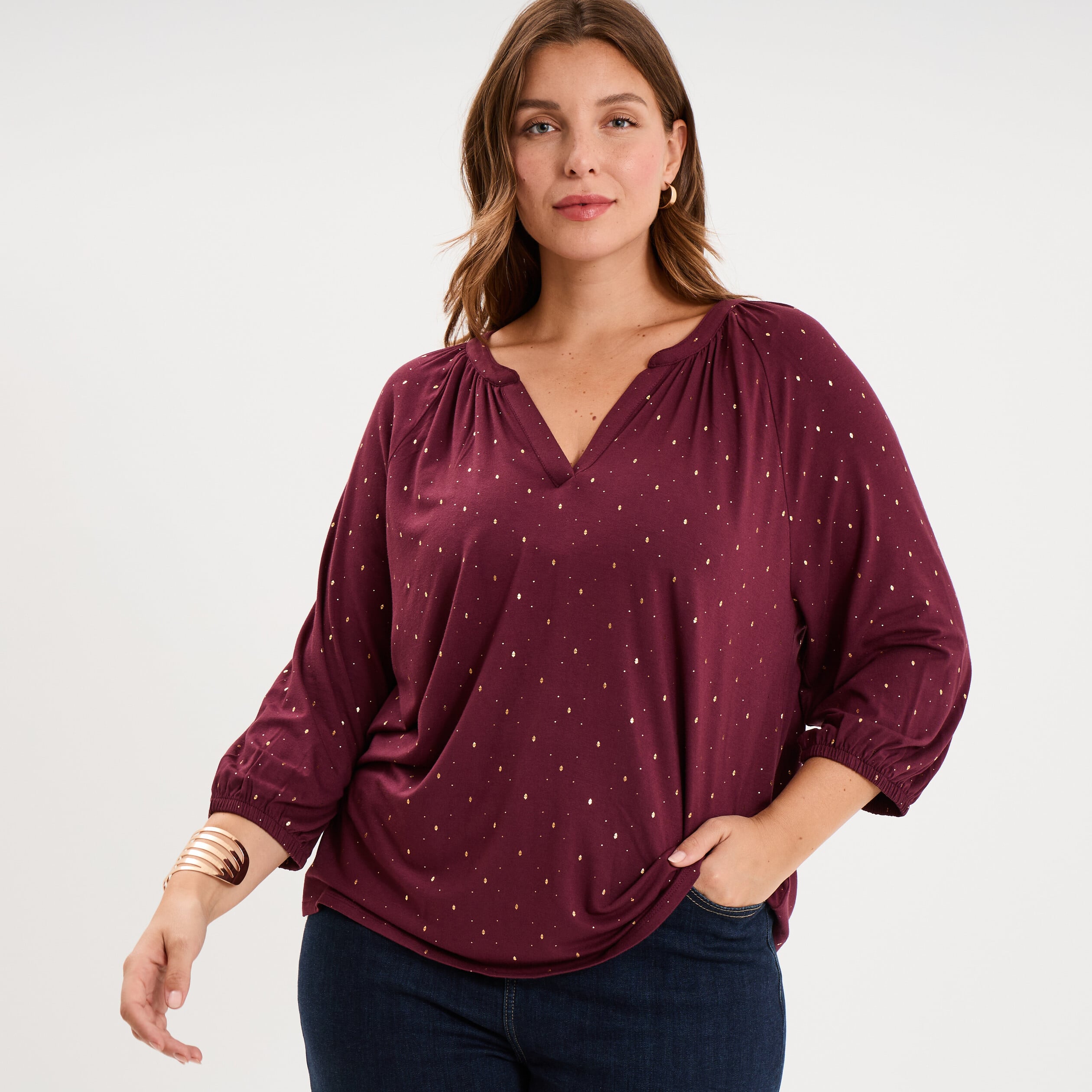 Blouse manches 3/4 et col tunisien bordeaux femme grande taille