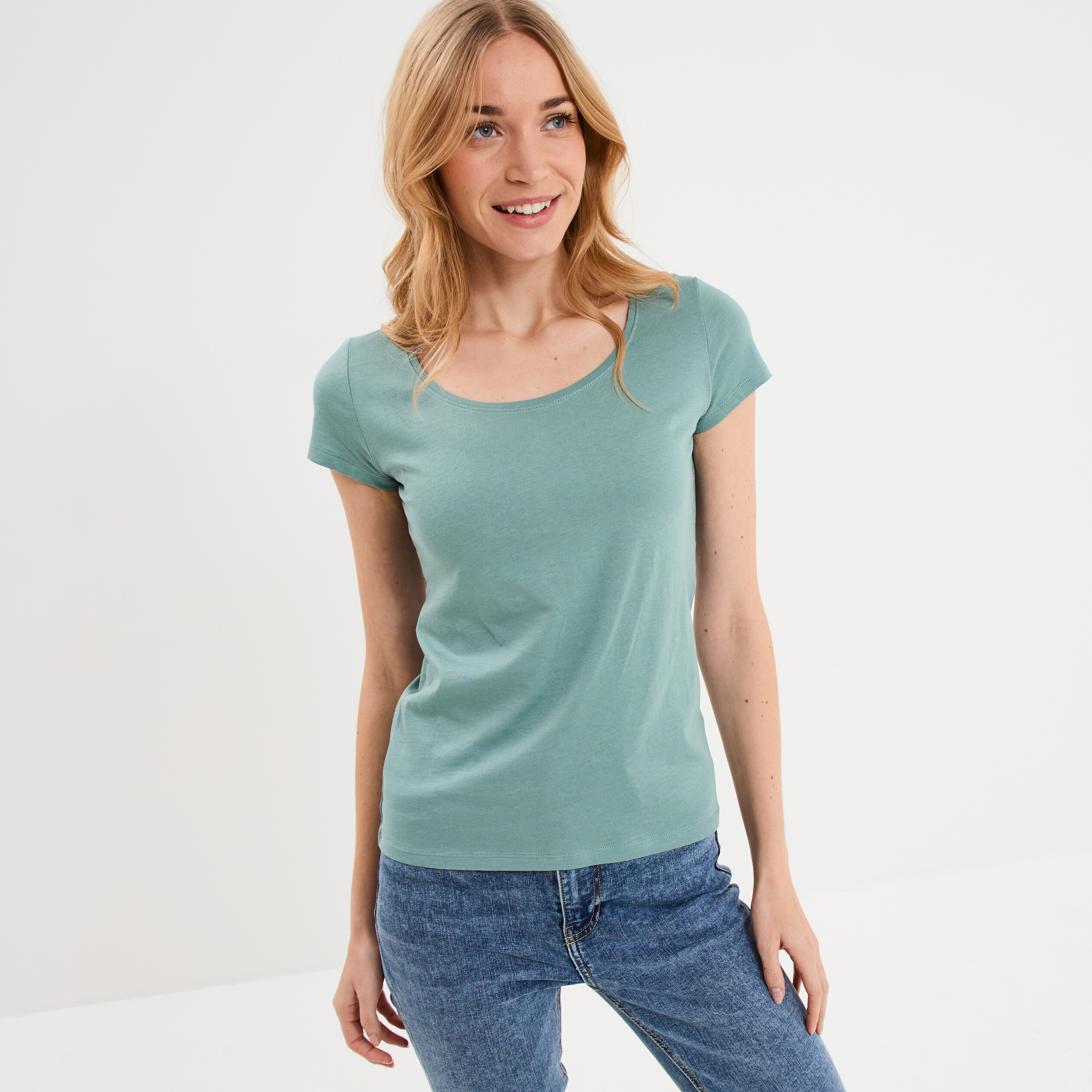 T-shirt coton col rond manches courtes bleu gris femme