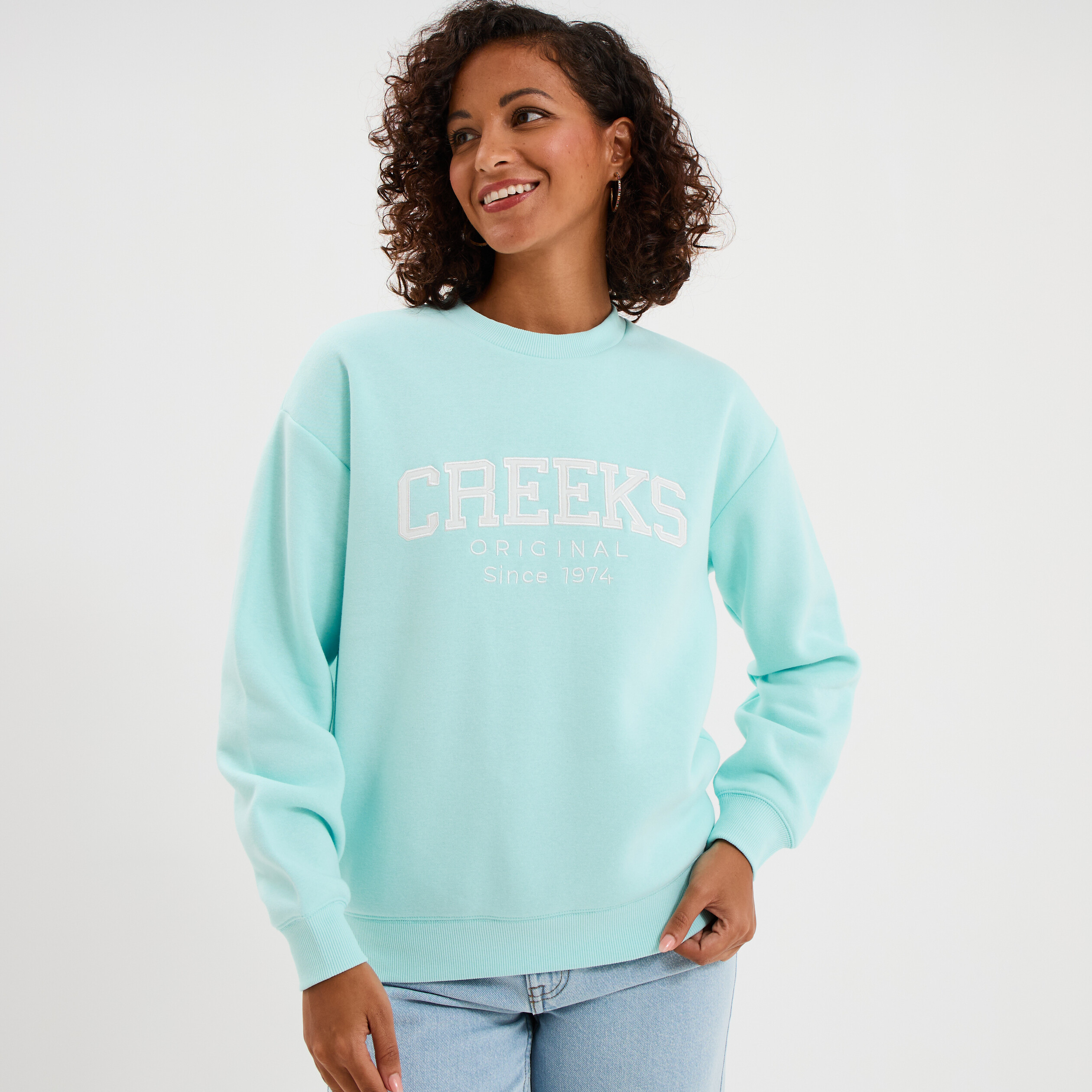Sweat molleton col rond manches longues bleu turquoise femme