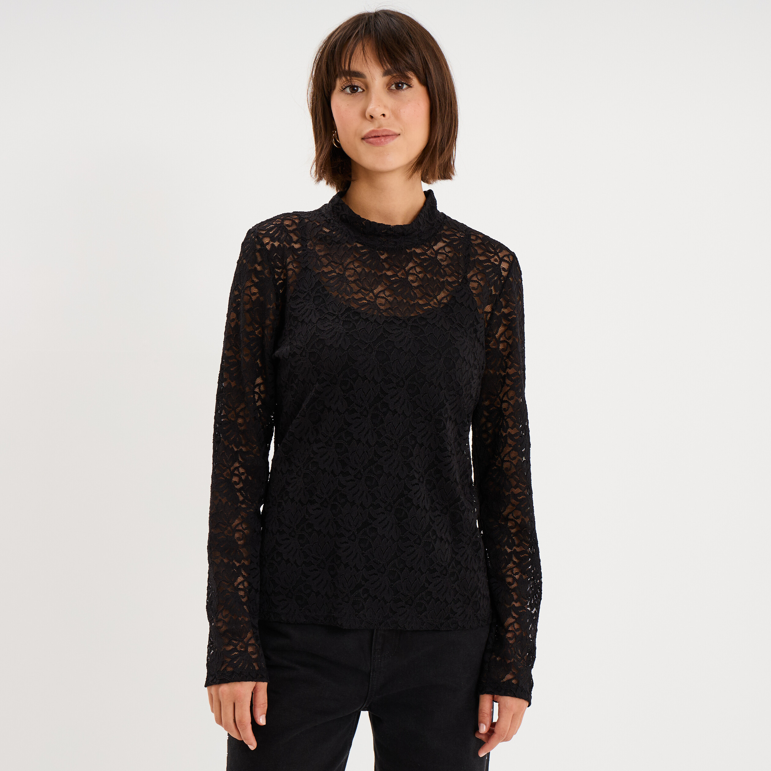 Blouse dentelle col montant noir femme