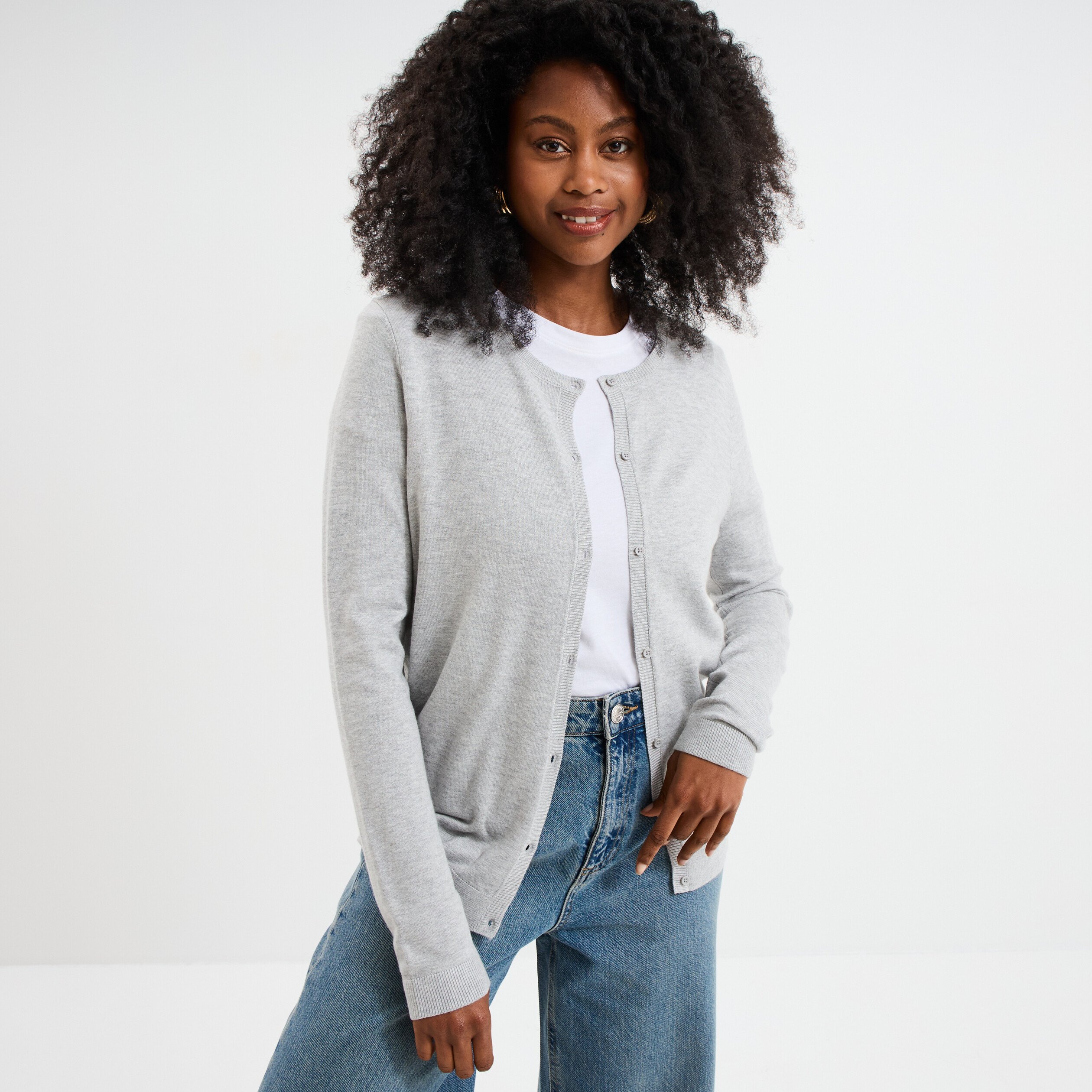 gilet col rond manches longues gris clair femme Gilet col rond manches longues gris clair femme