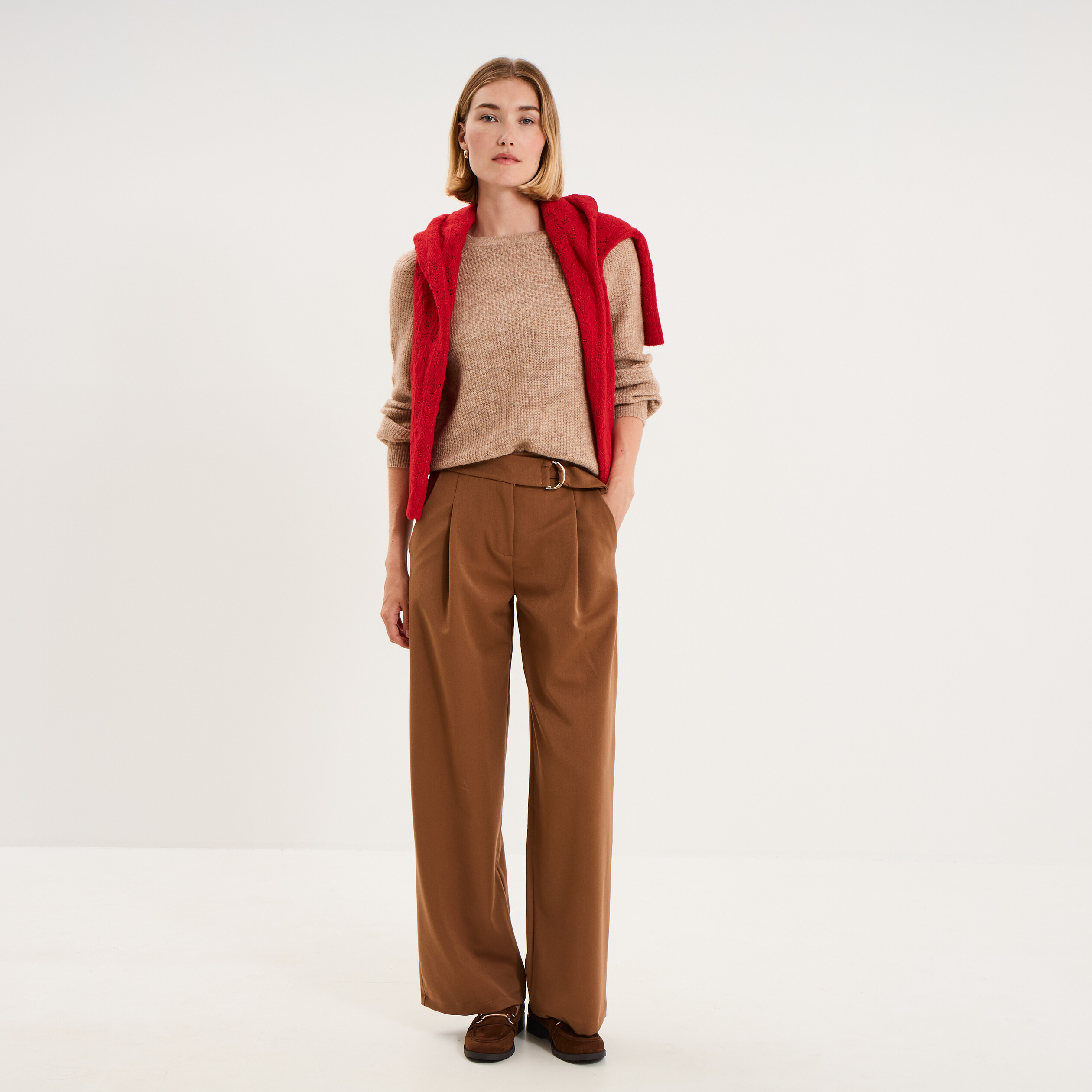 Pantalon large fluide avec ceinture marron clair femme