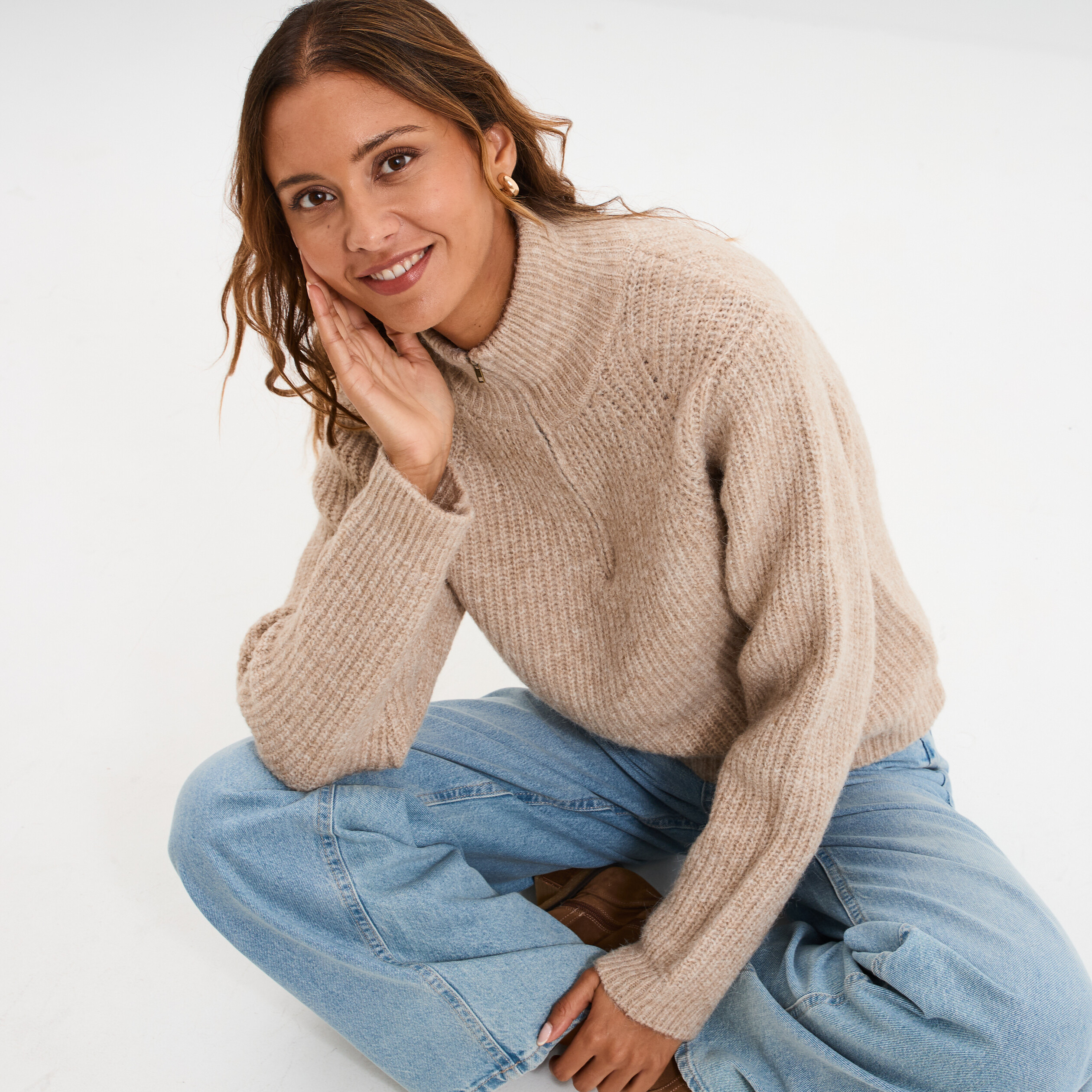 Pull col camionneur manches longues beige femme