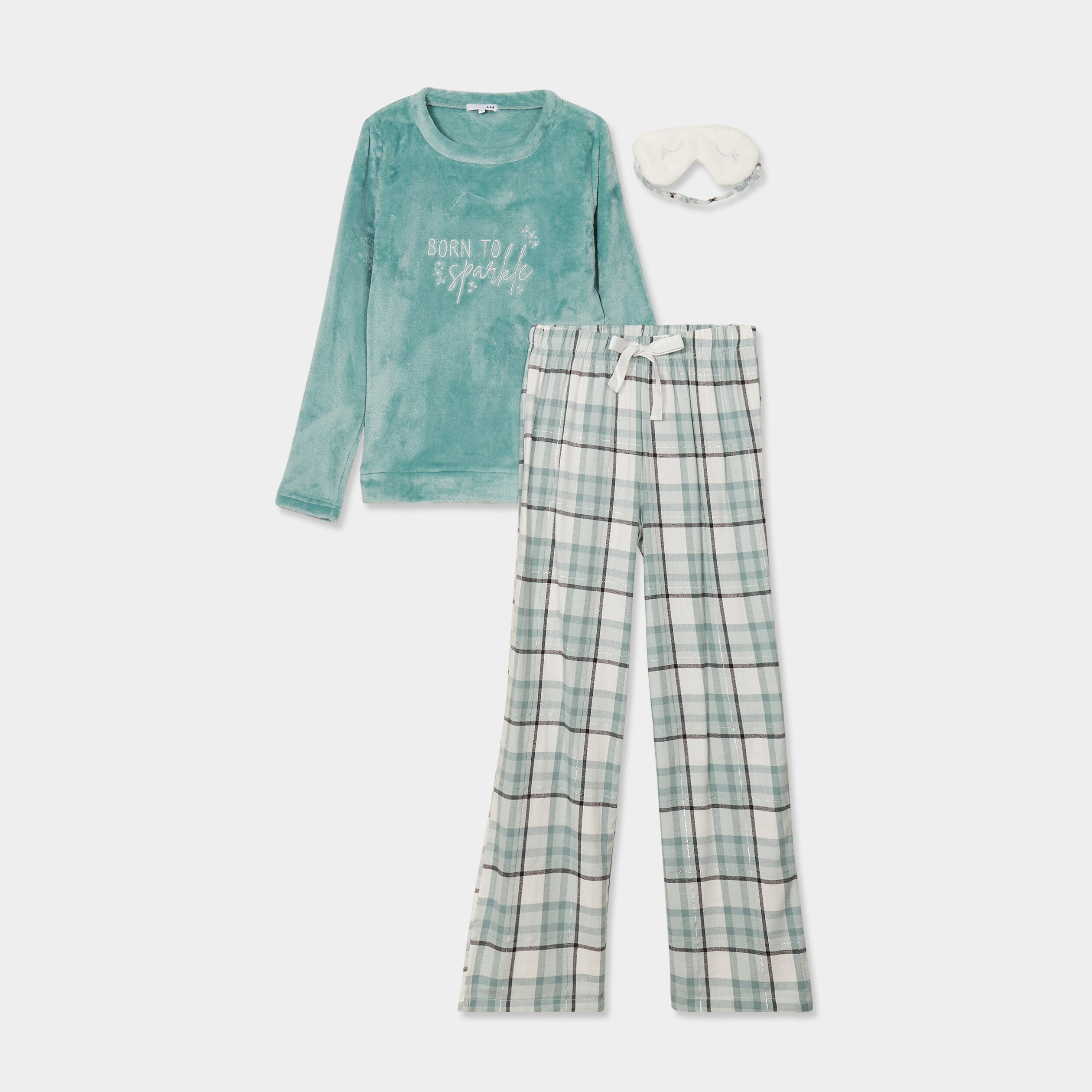 Ensemble pyjama effet polaire 3 pi&egrave;ces vert femme