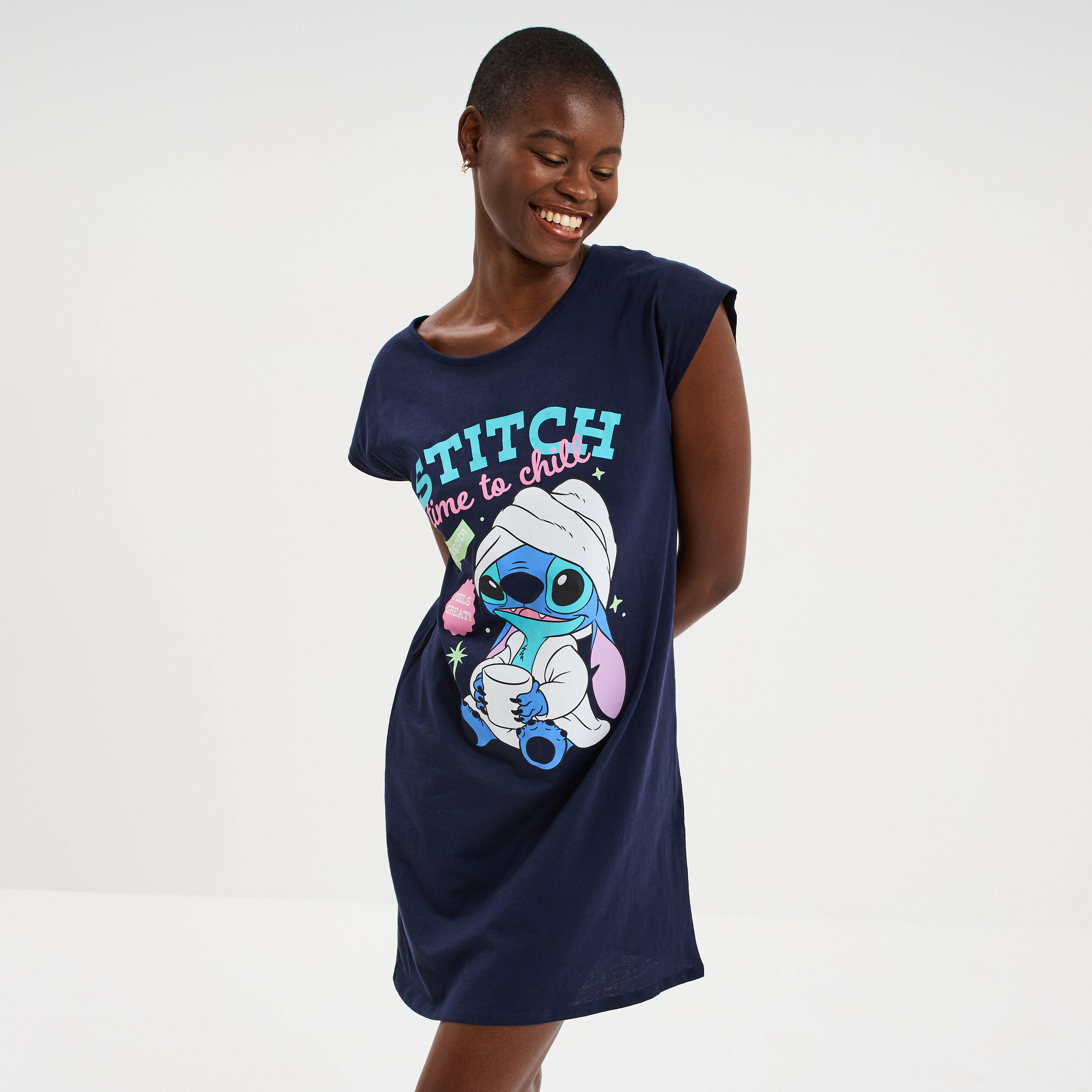 Chemise de nuit manches courtes Stitch bleu marine femme