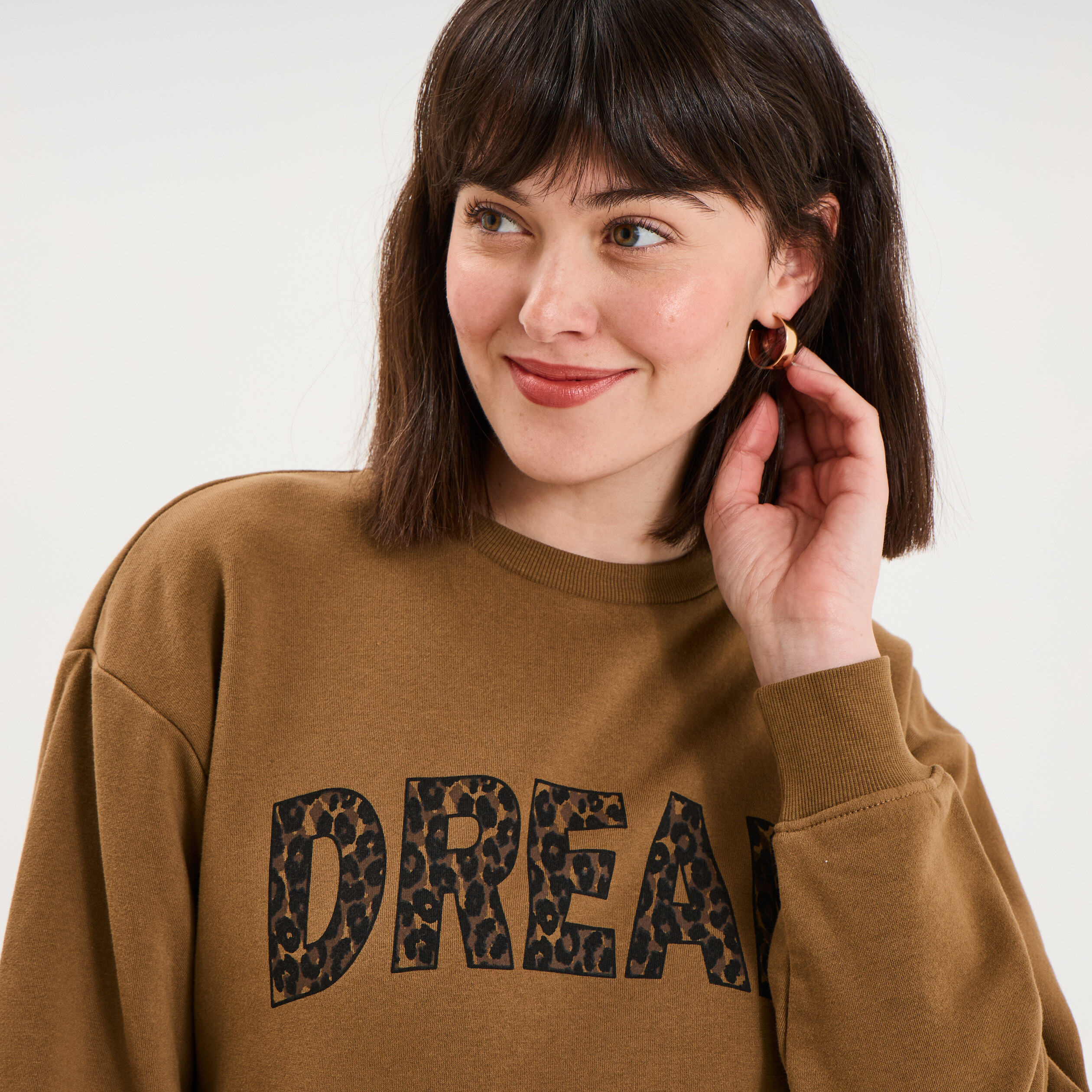 Sweat col rond manches longues beige femme